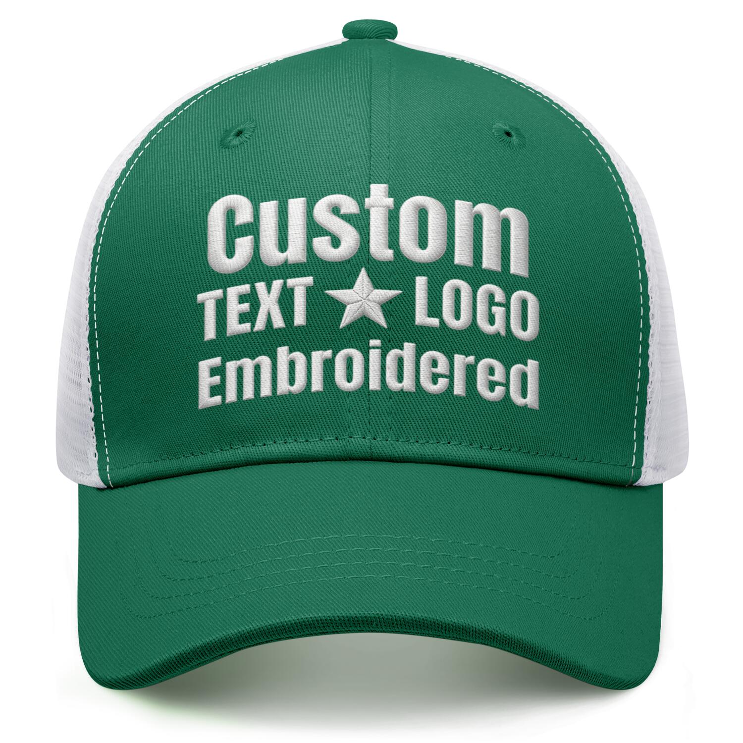 Custom embroidered bright green & white trucker cap by Vosoli | Personalized with text & logo | Breathable mesh cap