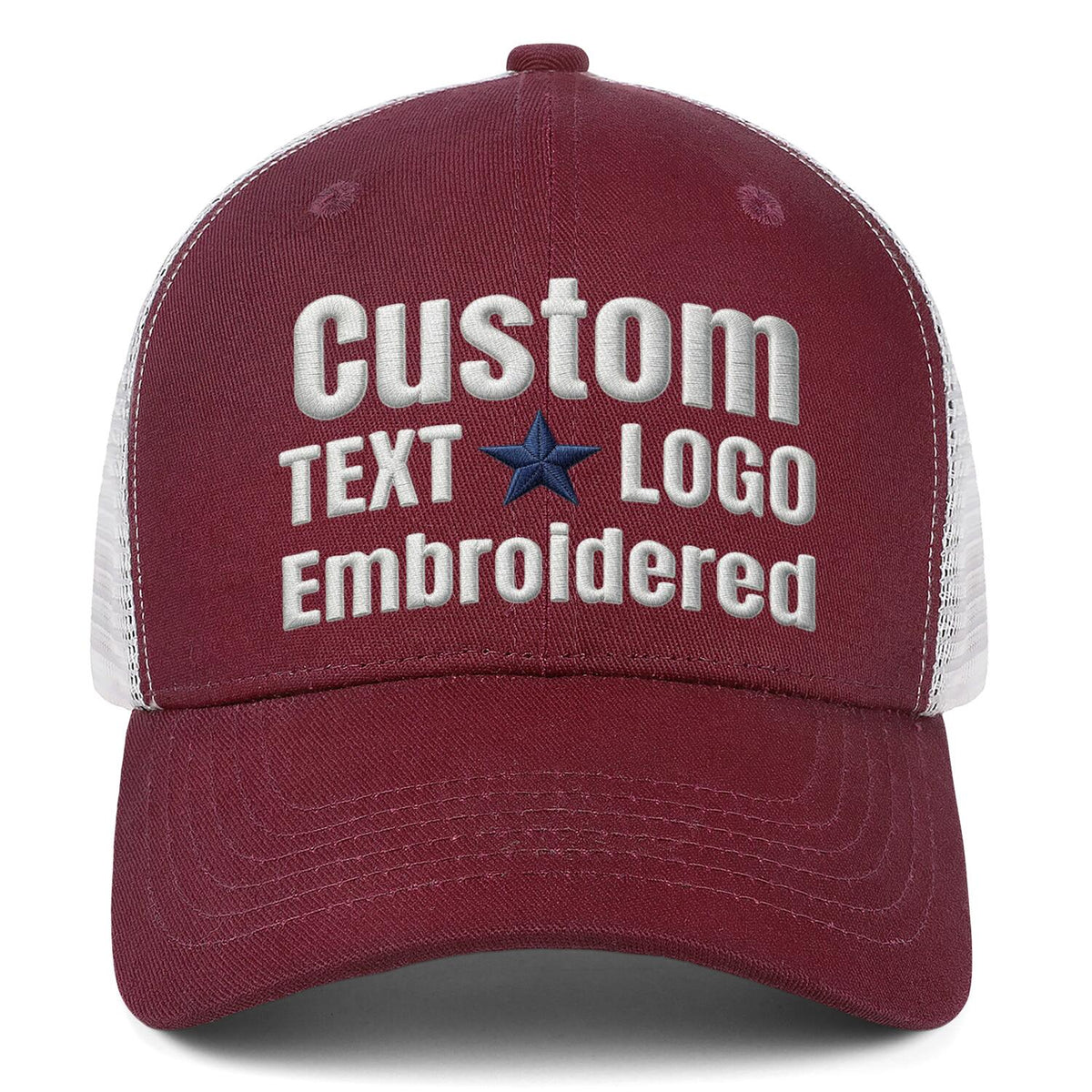 Custom embroidered burgundy trucker cap by Vosoli | Personalized with text &amp; logo | Breathable mesh cap