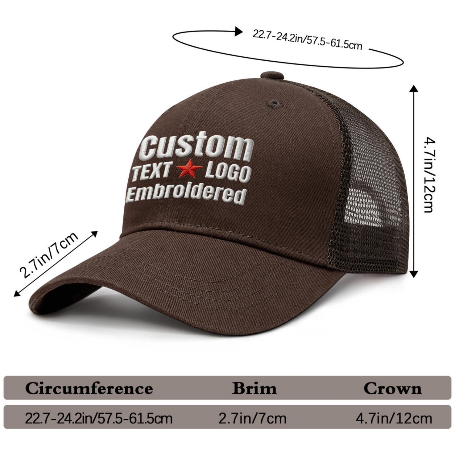 Custom embroidered dark brown trucker cap by Vosoli | Personalized with text & logo | Breathable mesh cap