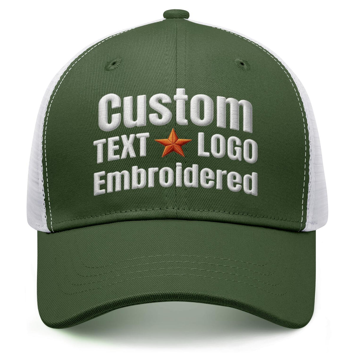Custom embroidered forest green &amp; white trucker cap by Vosoli | Personalized with text &amp; logo | Breathable mesh cap