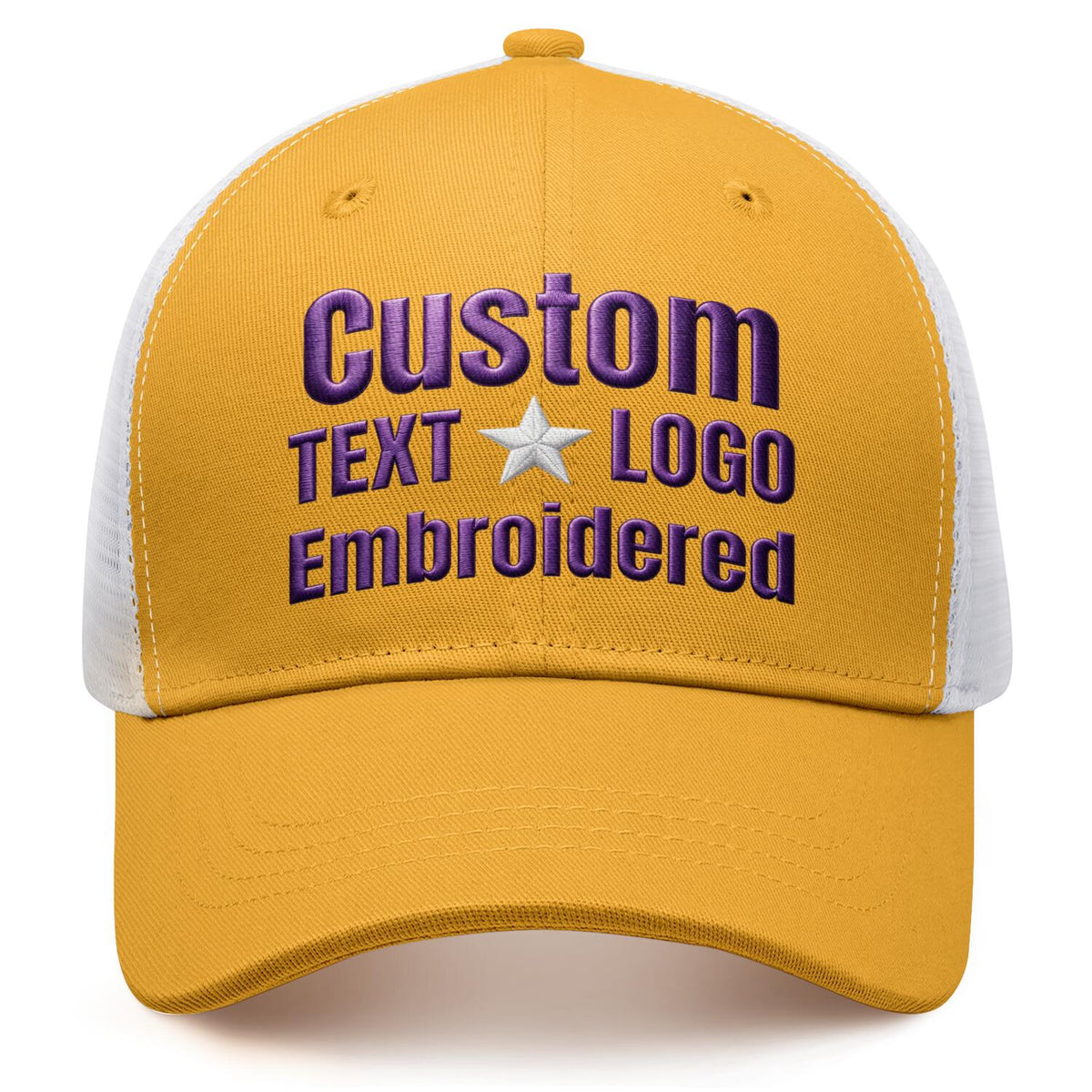 Custom embroidered gold &amp; white trucker cap by Vosoli | Personalized with text &amp; logo | Breathable mesh cap