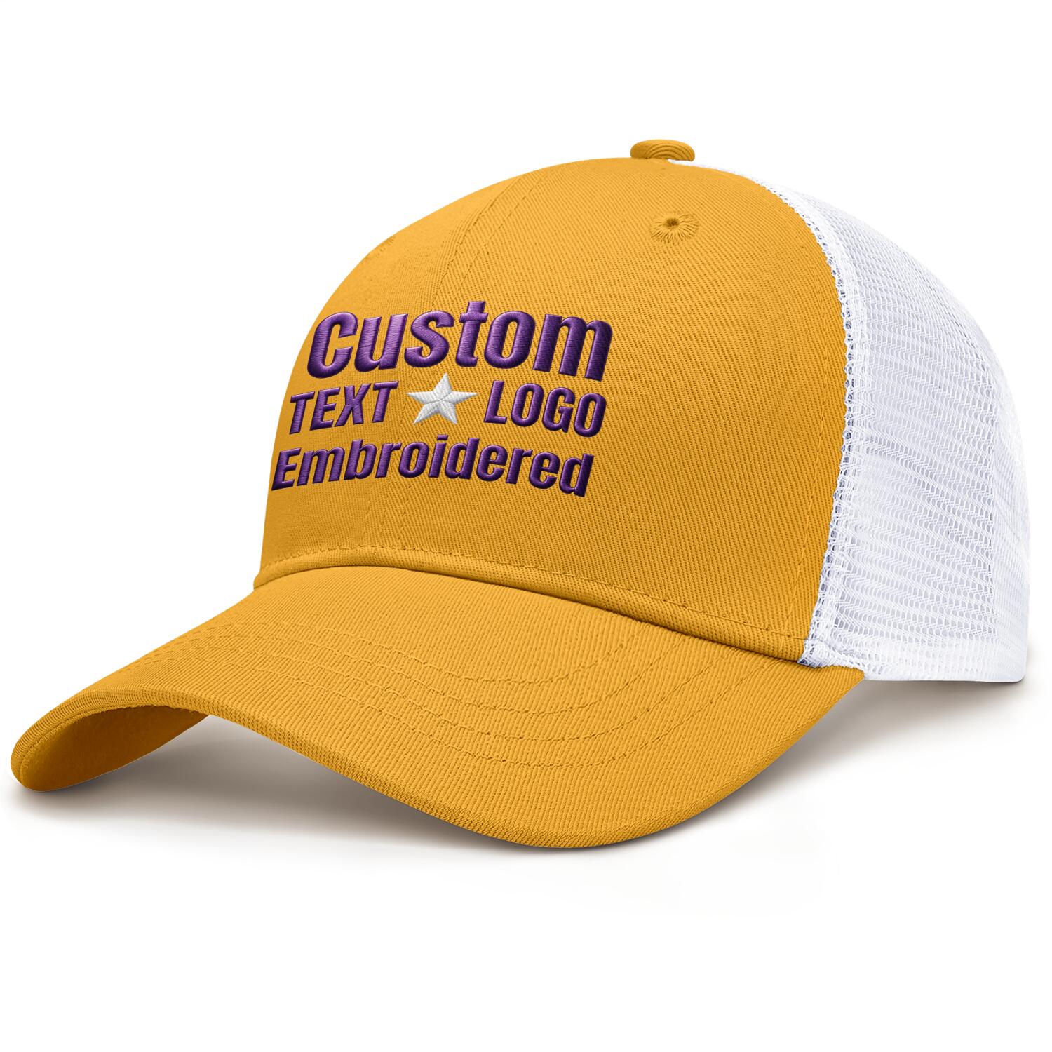 Custom embroidered gold & white trucker cap by Vosoli | Personalized with text & logo | Breathable mesh cap
