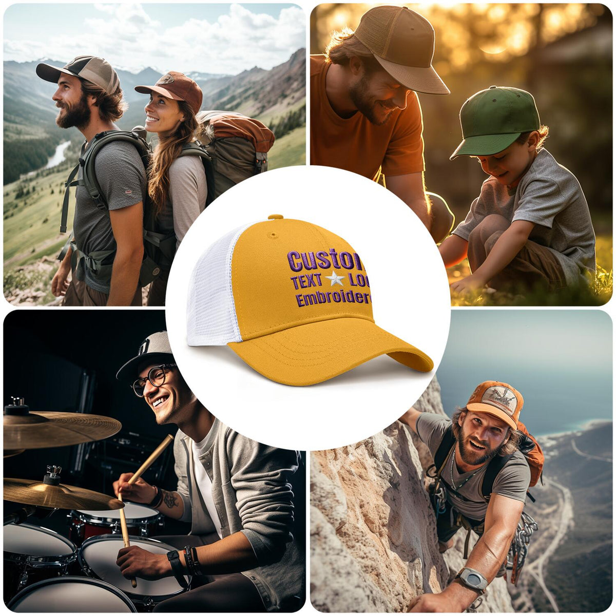 Custom Embroidered or Printed Gold & White Trucker Cap | Breathable mesh cap