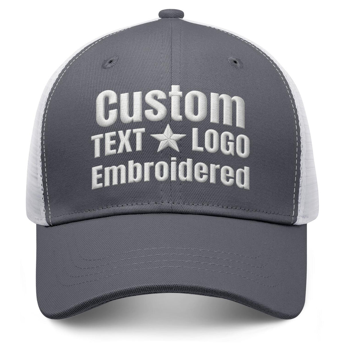 Custom embroidered gray &amp; white trucker cap by Vosoli | Personalized with text &amp; logo | Breathable mesh cap