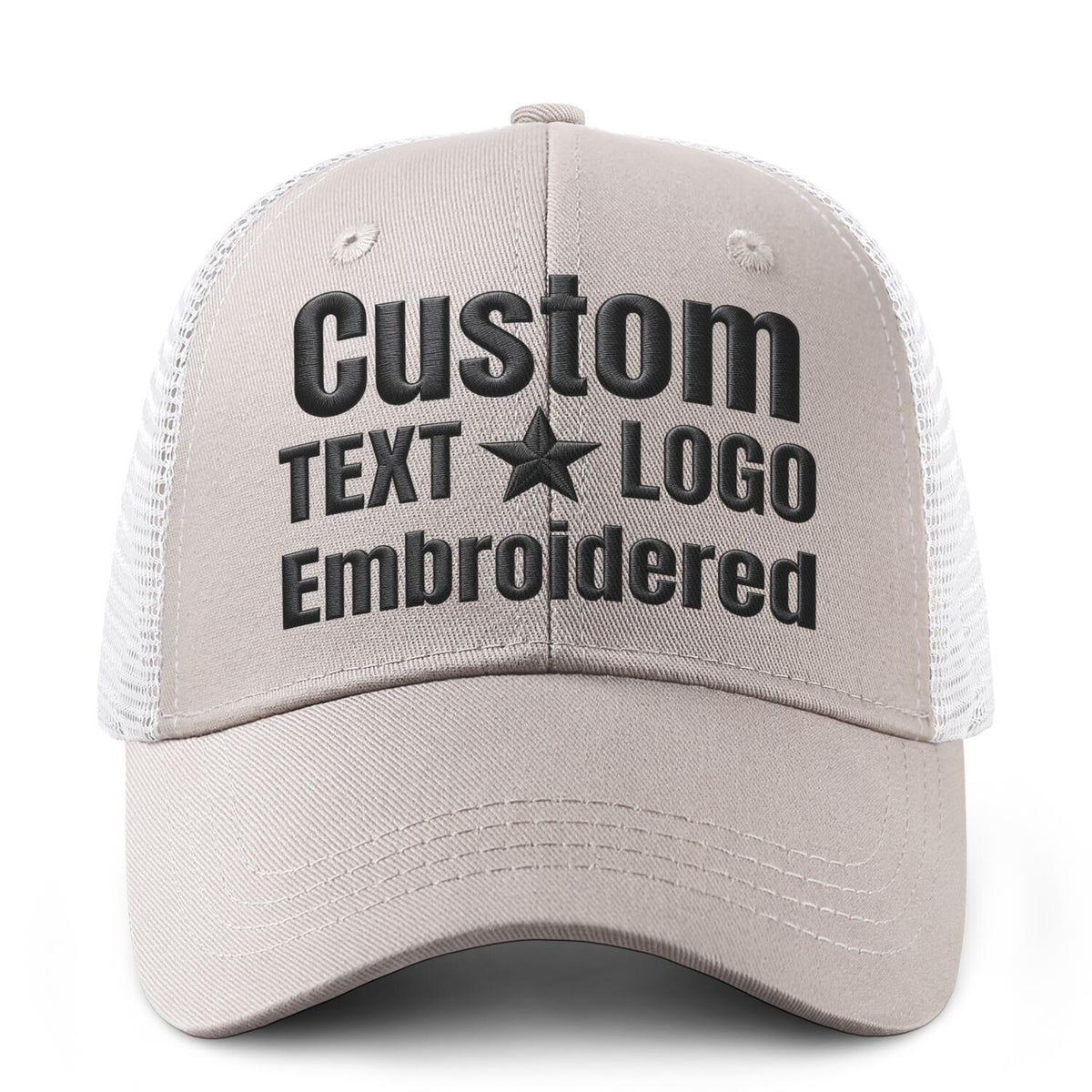 Custom embroidered light beige trucker cap by Vosoli | Personalized with text &amp; logo | Breathable mesh cap