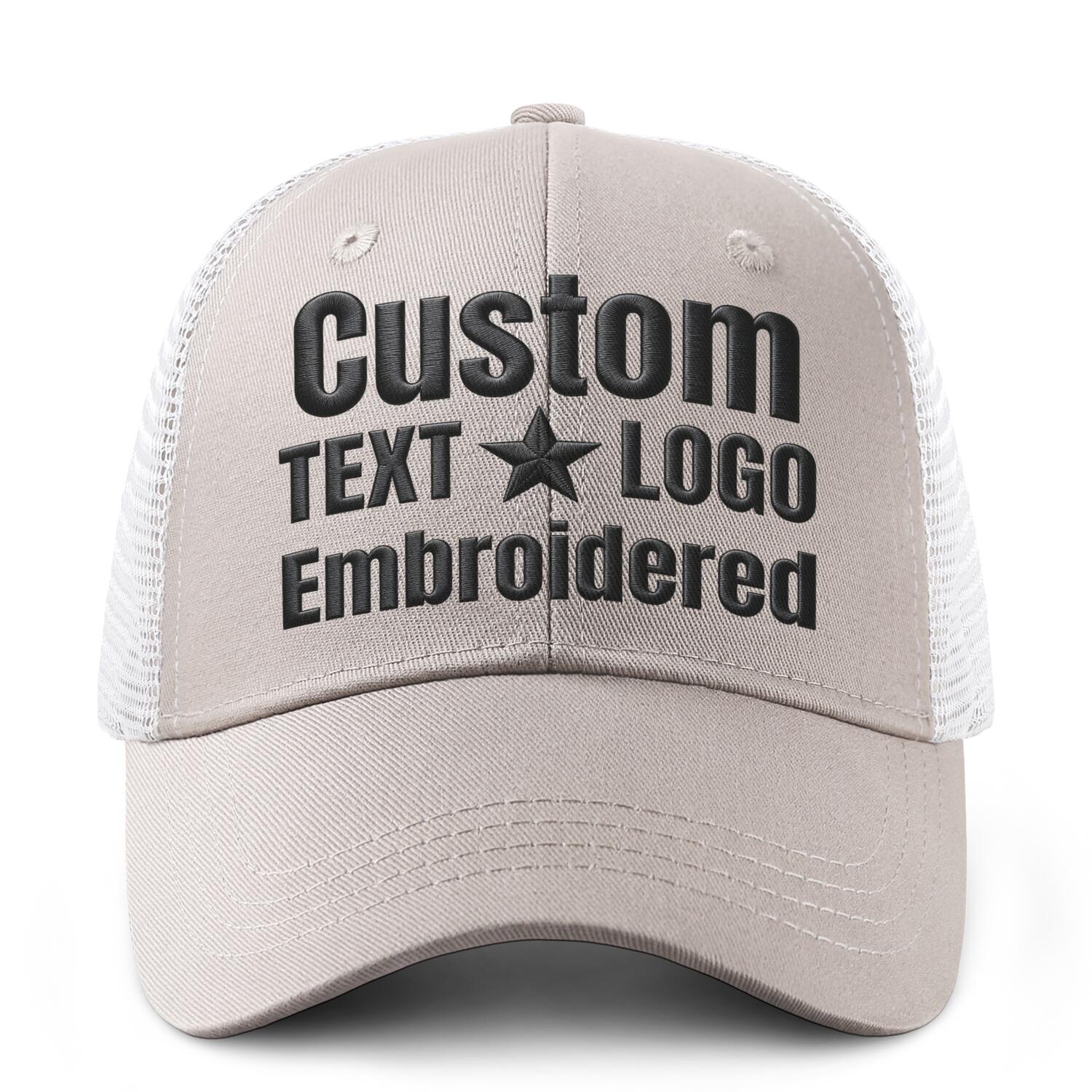 Custom embroidered light beige trucker cap by Vosoli | Personalized with text & logo | Breathable mesh cap
