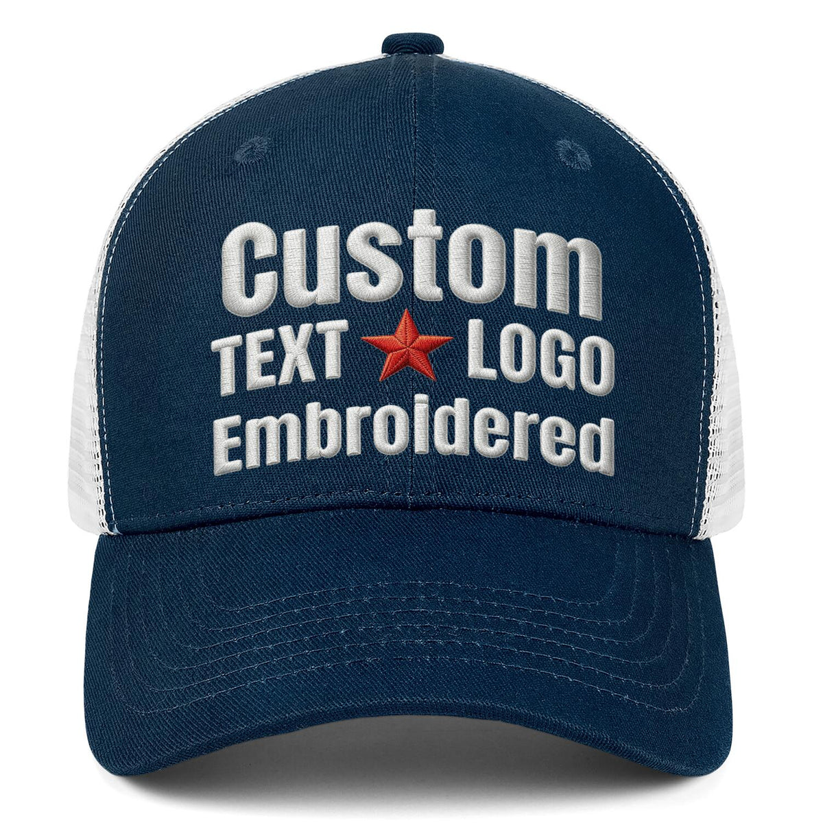 Custom embroidered navy blue trucker cap by Vosoli | Personalized with text &amp; logo | Breathable mesh cap