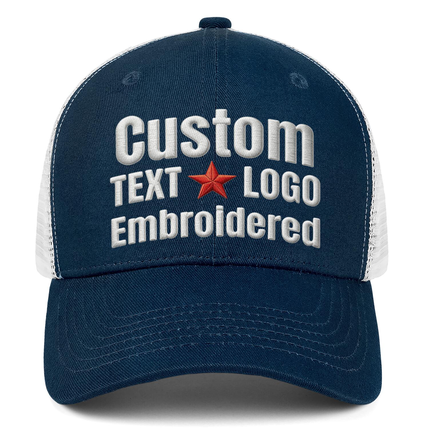 Custom embroidered navy blue trucker cap by Vosoli | Personalized with text & logo | Breathable mesh cap