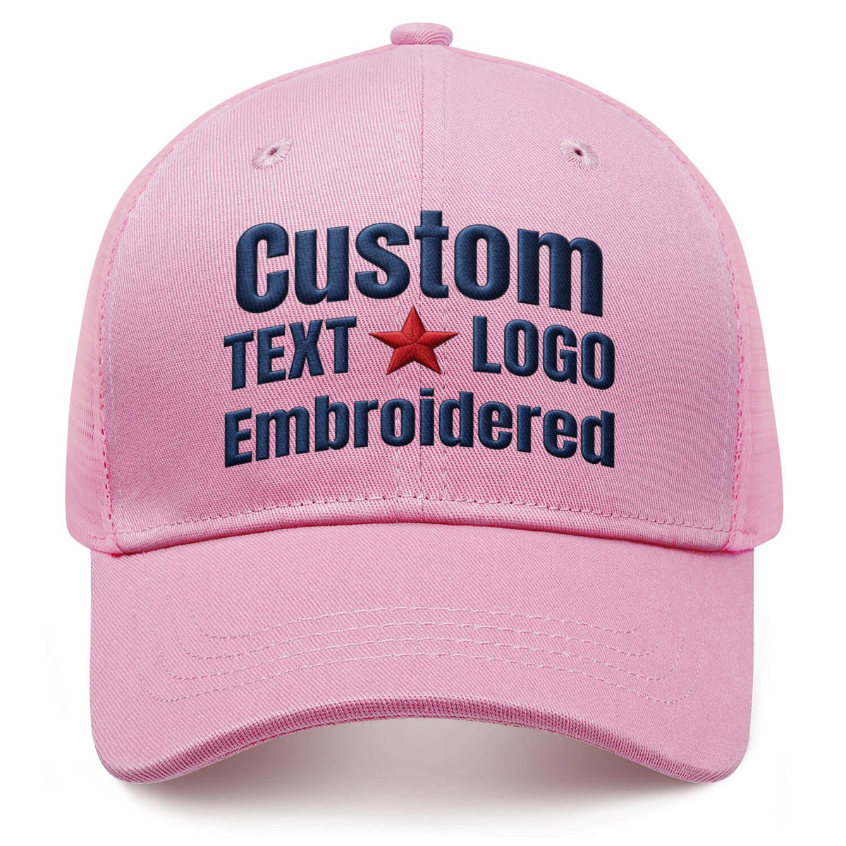 Custom embroidered light pink trucker cap by Vosoli | Personalized with text &amp; logo | Breathable mesh cap