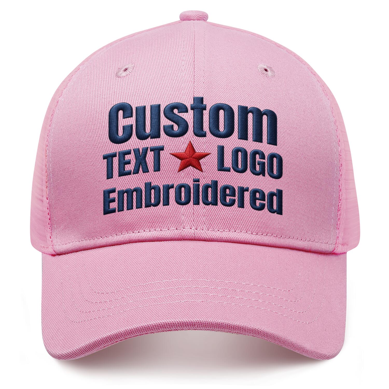 Custom embroidered light pink trucker cap by Vosoli | Personalized with text & logo | Breathable mesh cap