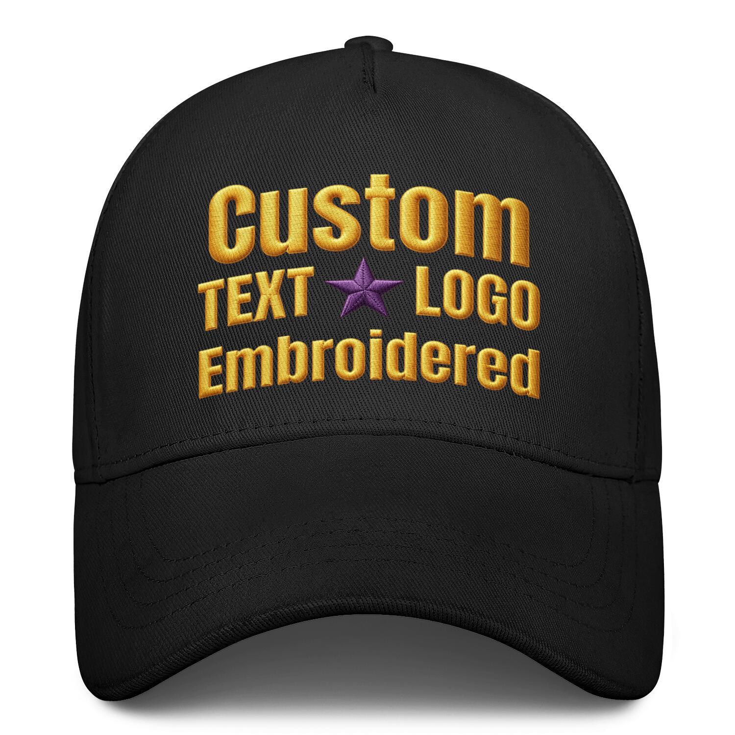 Custom embroidered or printed black baseball cap by Vosoli | Personalized text & logo | Structured fit