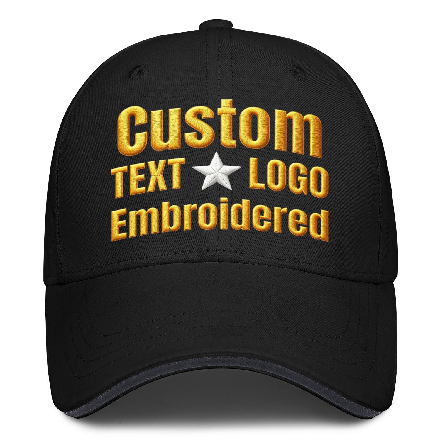 Custom embroidered or printed black baseball cap by Vosoli | Personalized text & logo | Structured fit