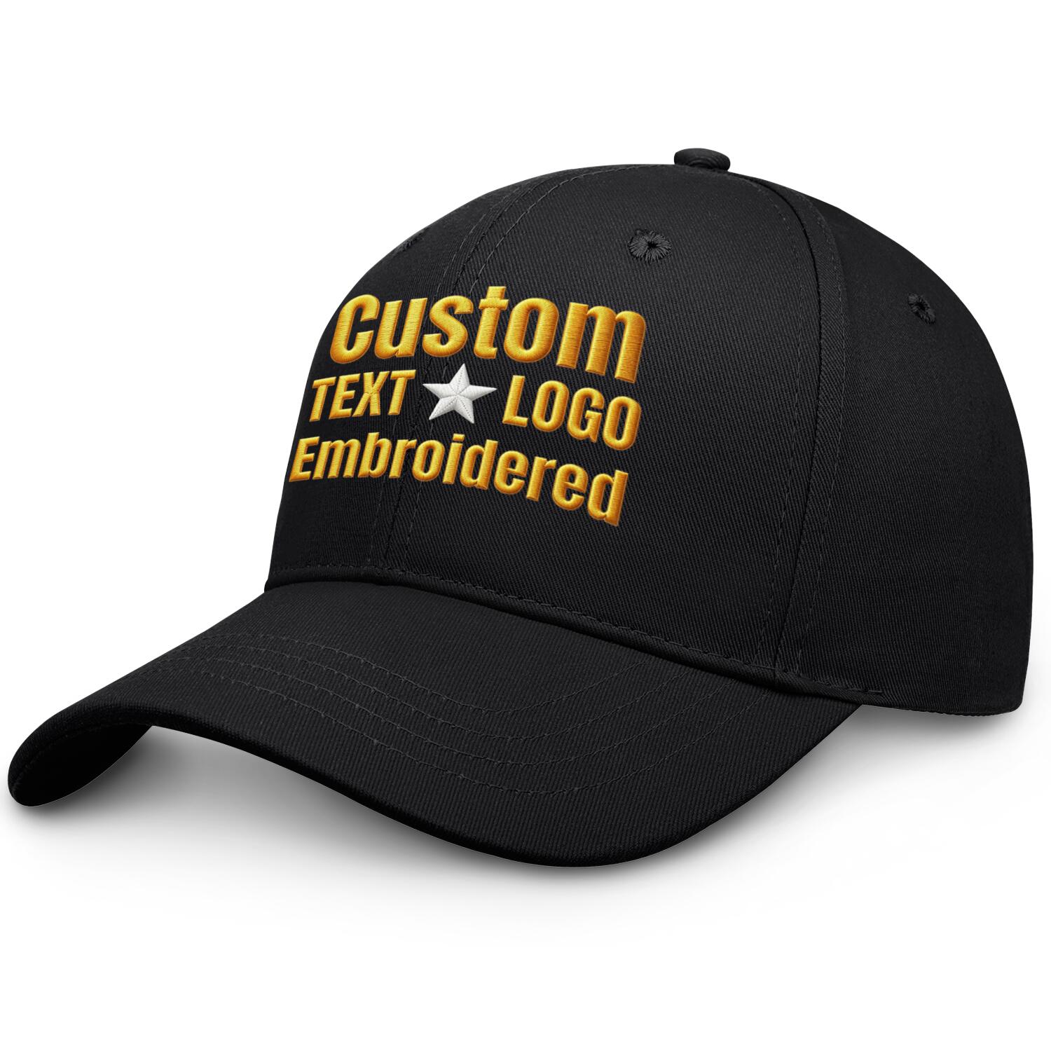 Custom embroidered or printed black baseball cap by Vosoli | Personalized text & logo | Structured fit
