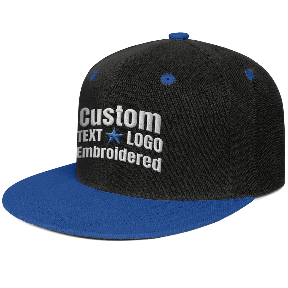 Custom embroidered or printed black &amp; royal blue color-block flat-brim cap by Vosoli | Personalized text &amp; logo | Structured fit