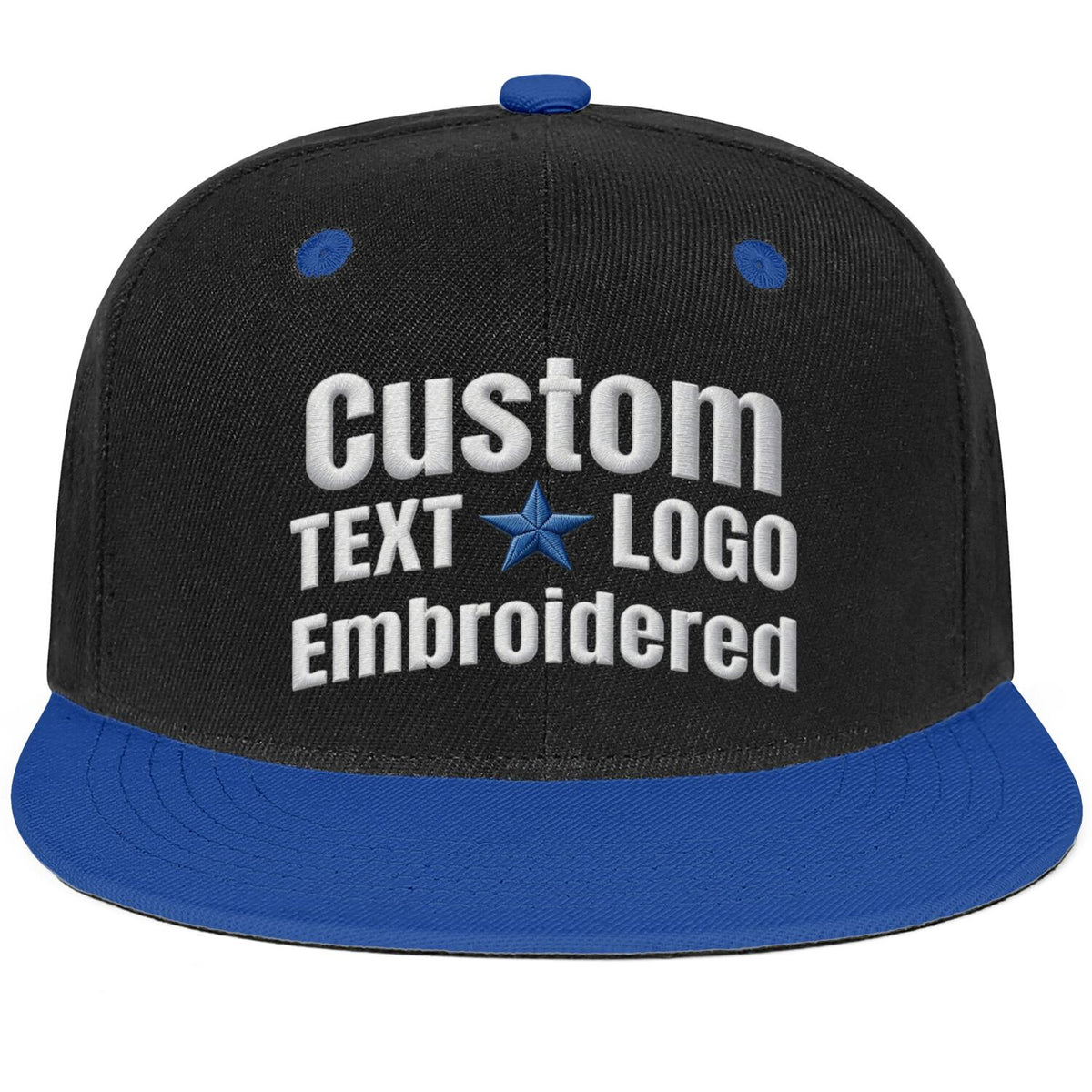 Custom Embroidered or Printed Black & Blue Color-Block Flat-Brim Cap