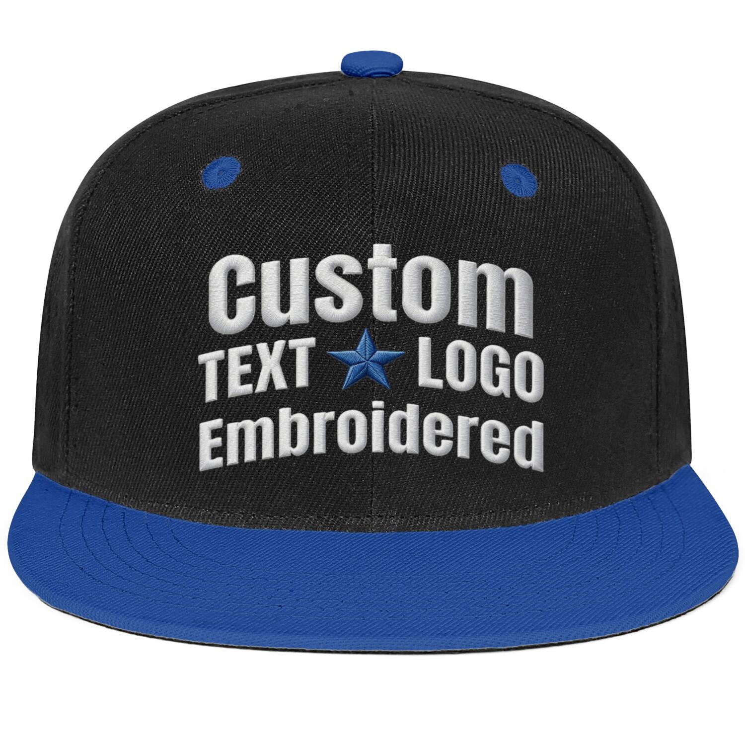 Custom embroidered or printed black & royal blue color-block flat-brim cap by Vosoli | Personalized text & logo | Structured fit