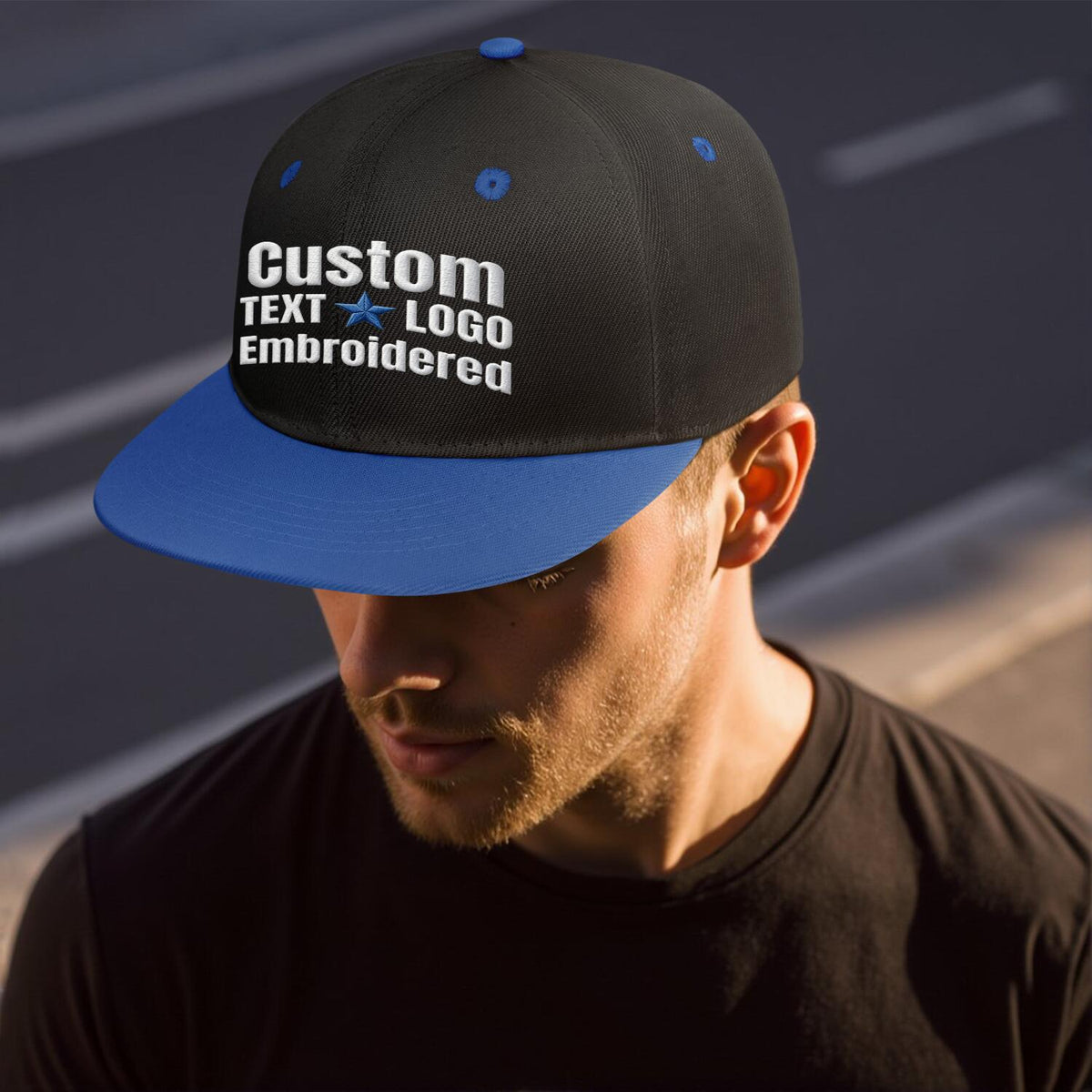 Custom Embroidered or Printed Black & Blue Color-Block Flat-Brim Cap