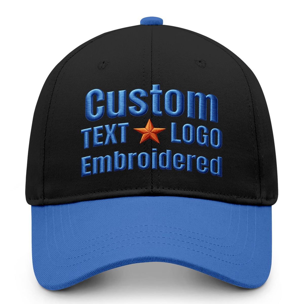 Custom embroidered or printed black &amp; bright blue color block baseball cap by Vosoli | Personalized text &amp; logo | Structured fit