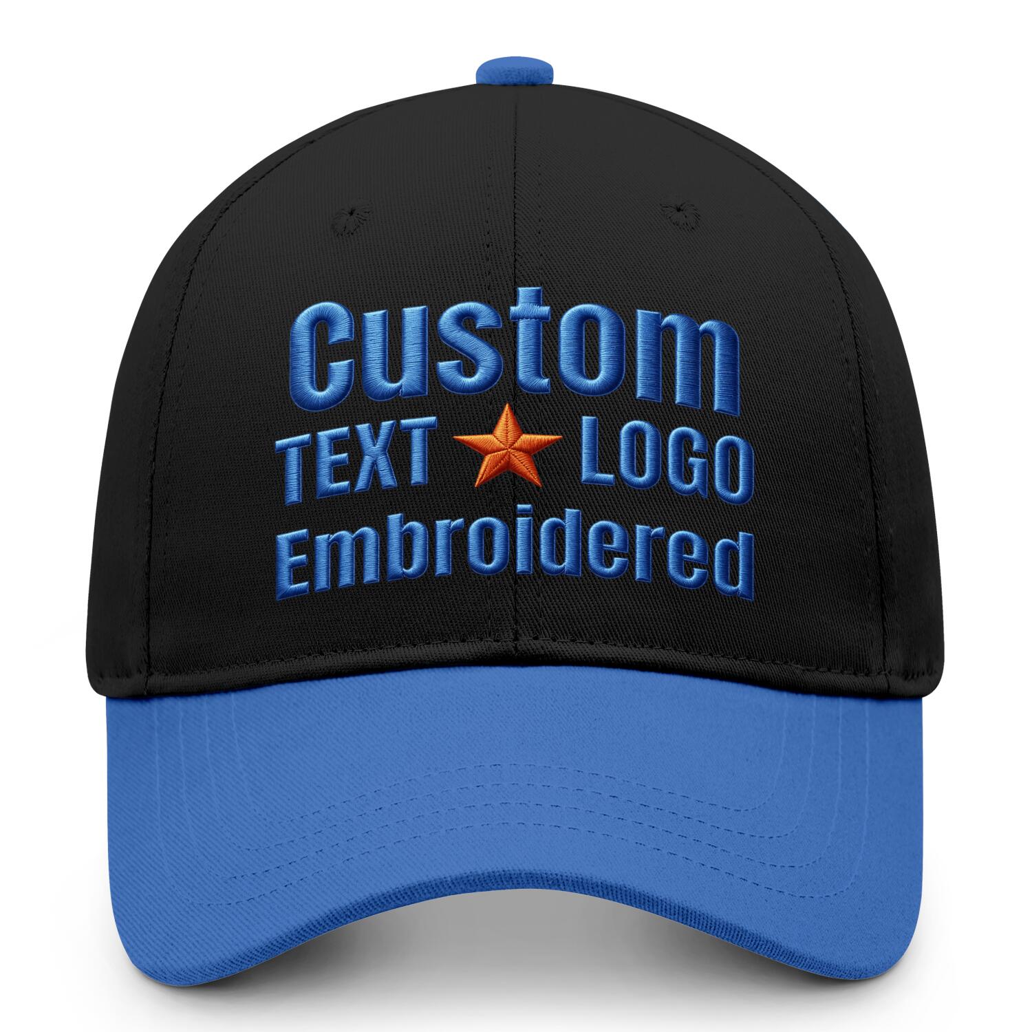 Custom embroidered or printed black & bright blue color block baseball cap by Vosoli | Personalized text & logo | Structured fit