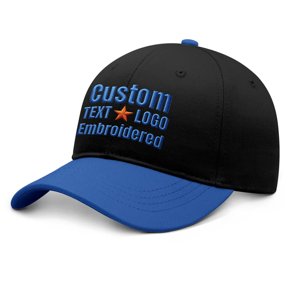 Custom Embroidered or Printed Black & Bright Blue Color Block Baseball Cap | Personalized Sport Hat