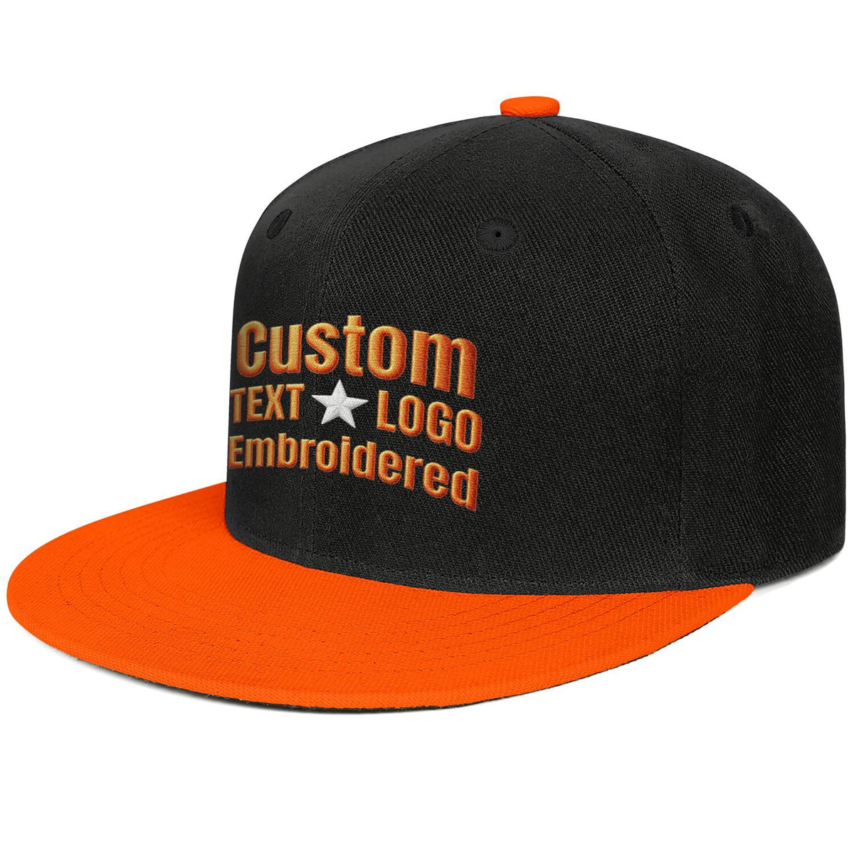 Custom embroidered or printed black &amp; bright orange color-block flat-brim cap by Vosoli | Personalized text &amp; logo | Structured fit