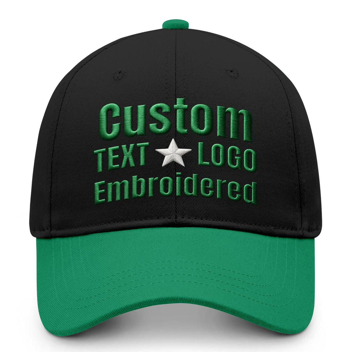 Custom embroidered or printed black &amp; emerald green color block baseball cap by Vosoli | Personalized text &amp; logo | Structured fit