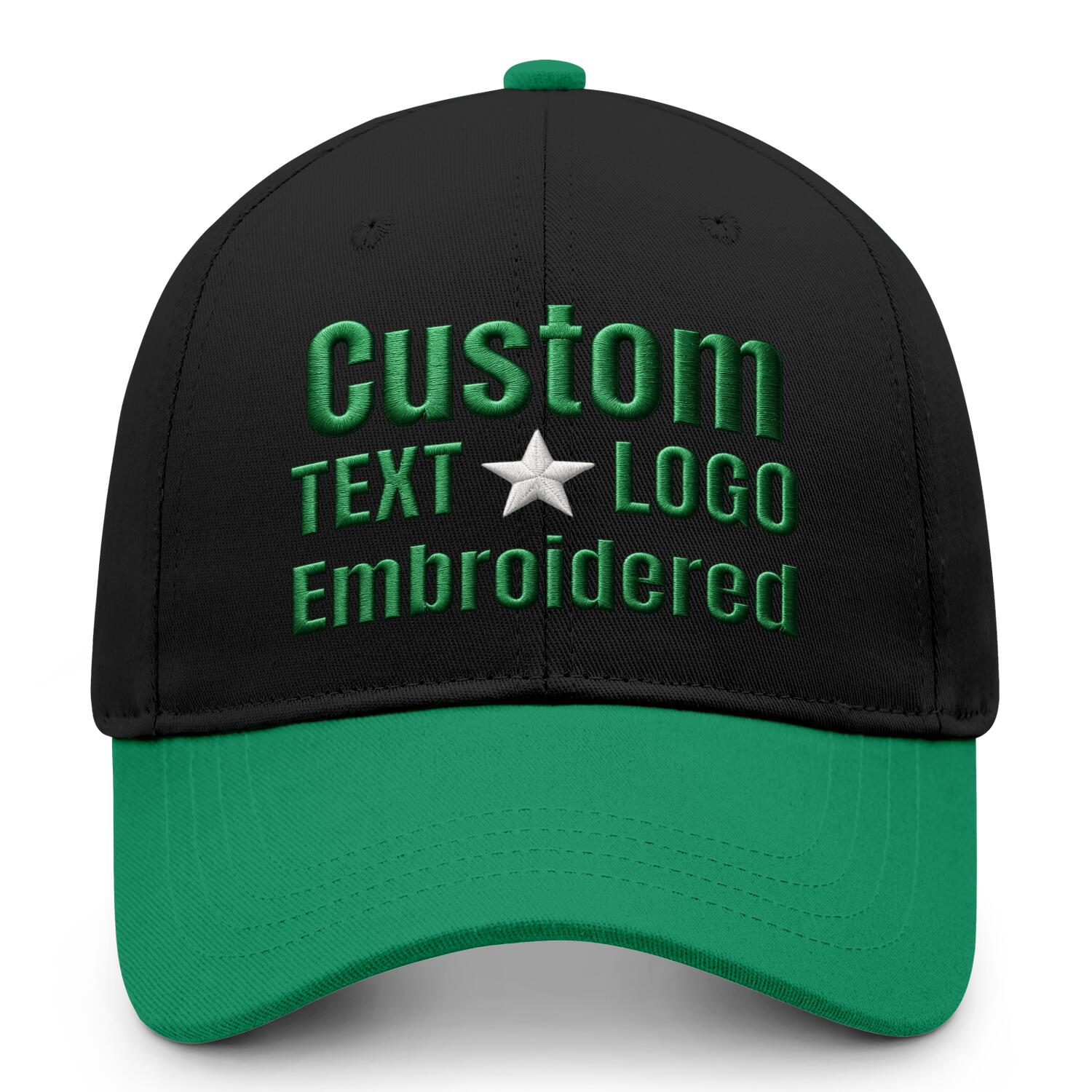 Custom embroidered or printed black & emerald green color block baseball cap by Vosoli | Personalized text & logo | Structured fit