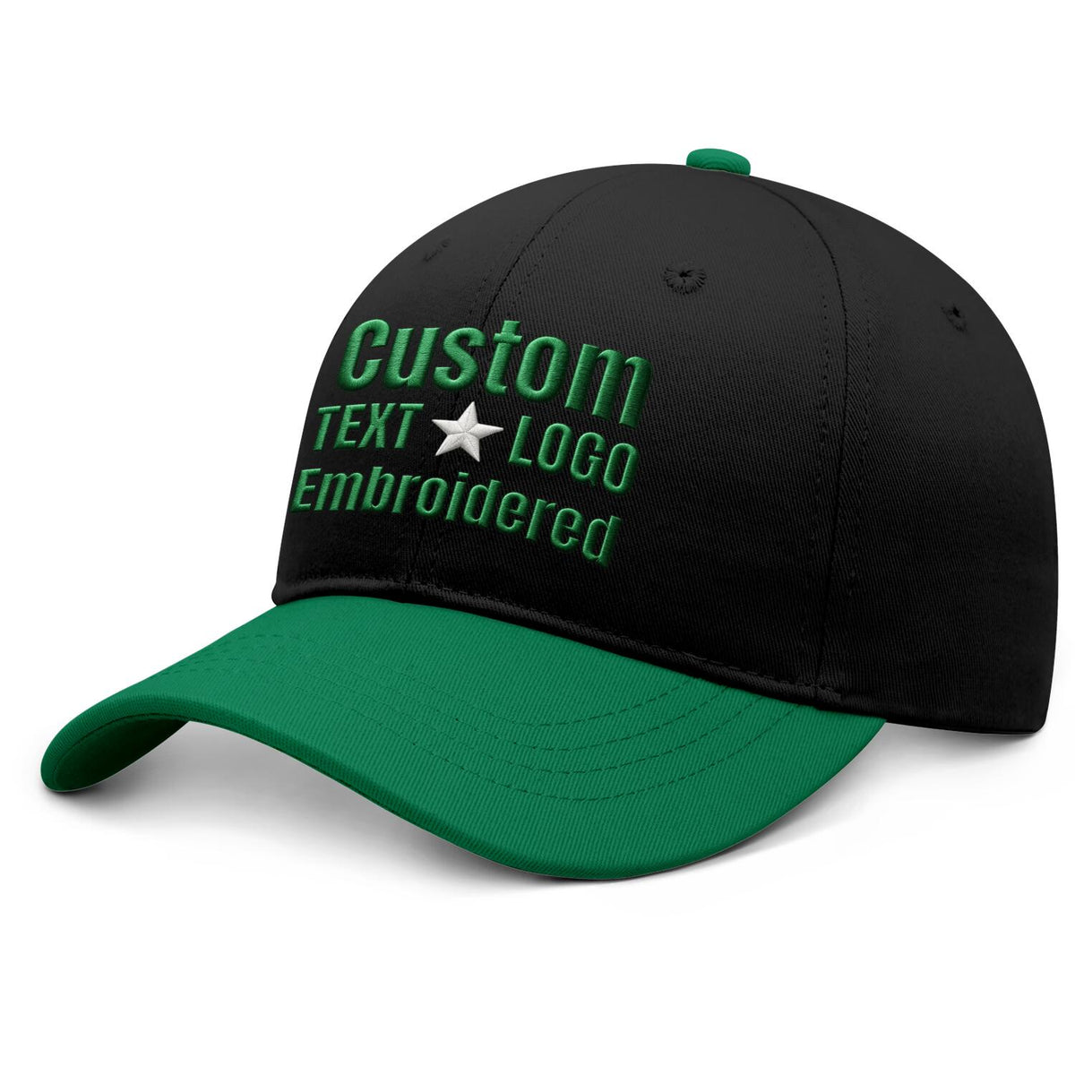 Custom Embroidered or Printed Black & Emerald Green Color Block Baseball Cap | Personalized Sport Hat