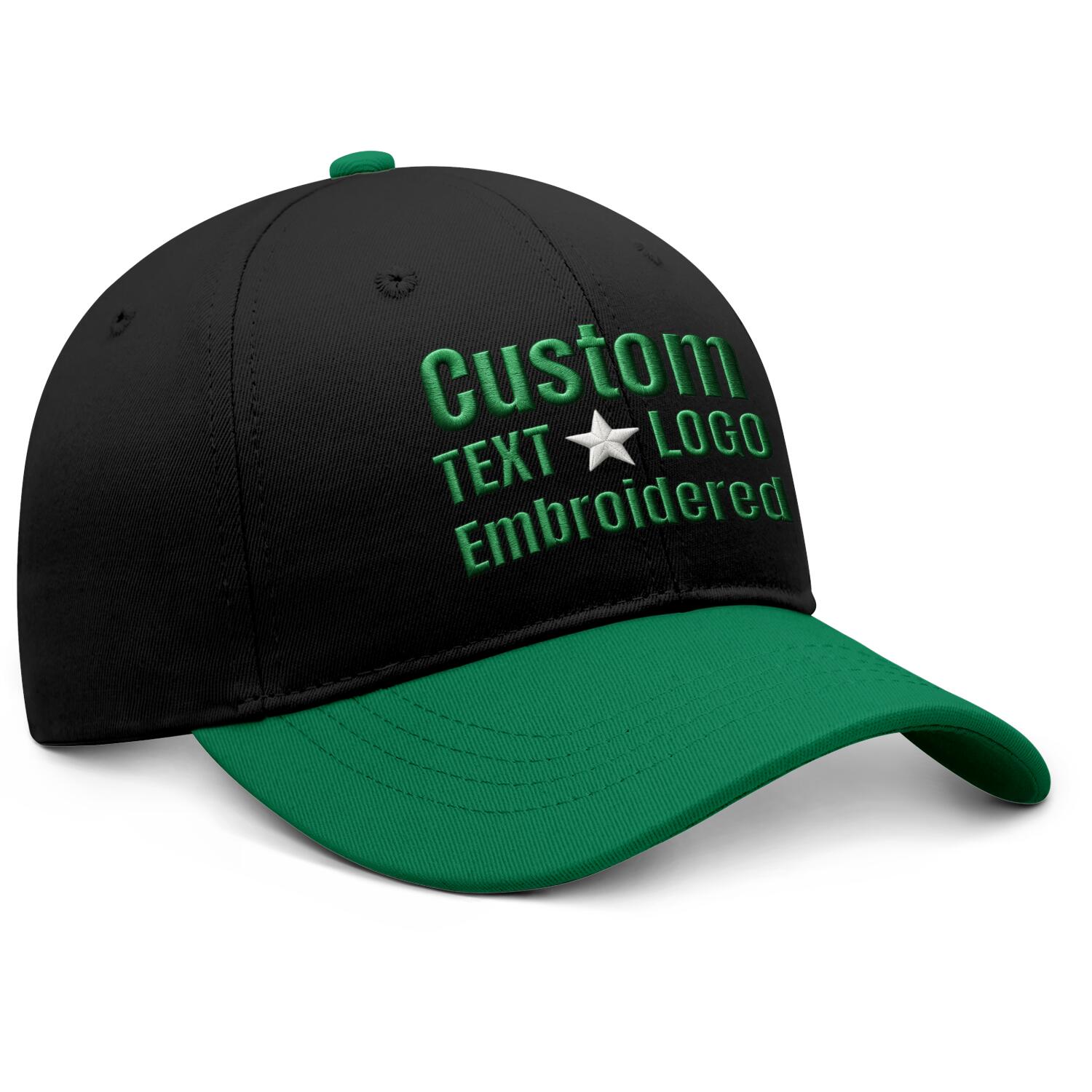 Custom Embroidered or Printed Black & Emerald Green Color Block Baseball Cap | Personalized Sport Hat