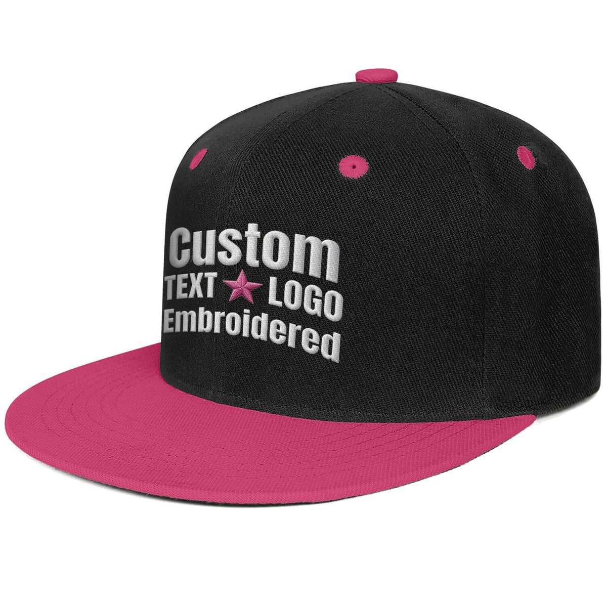 Custom embroidered or printed black &amp; fuchsia color-block flat brim cap by Vosoli | Personalized text &amp; logo | Structured fit