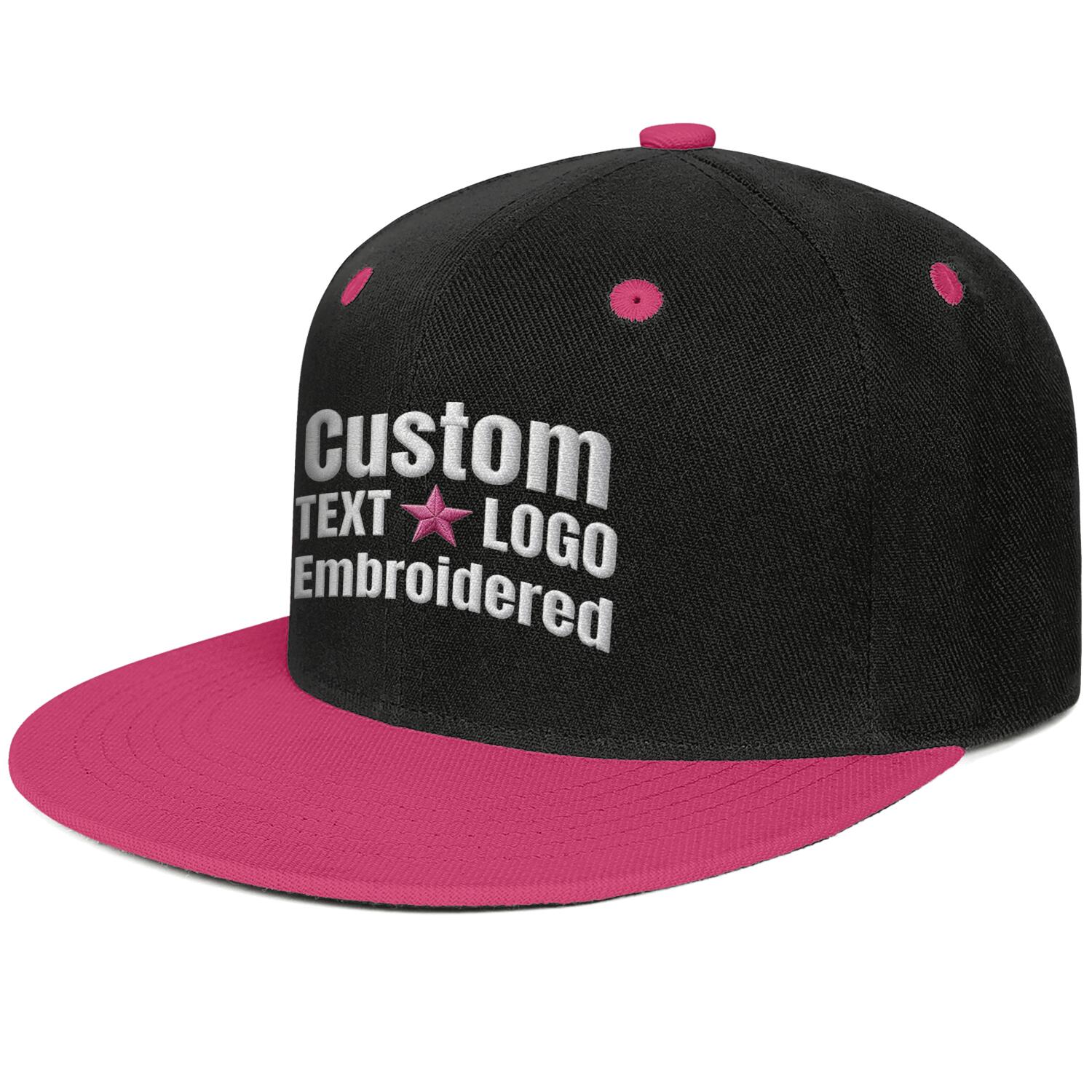 Custom embroidered or printed black & fuchsia color-block flat brim cap by Vosoli | Personalized text & logo | Structured fit