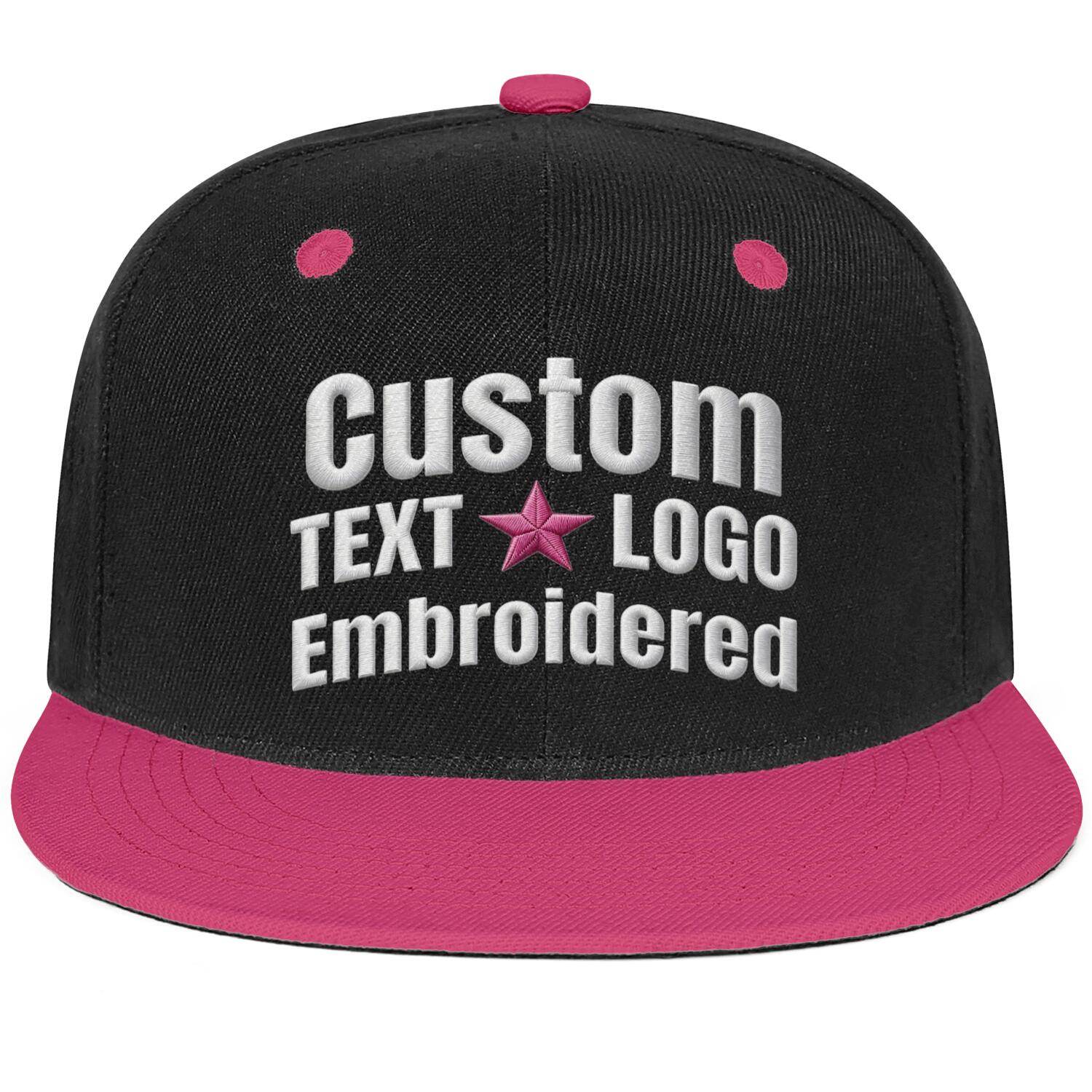 Custom embroidered or printed black & fuchsia color-block flat brim cap by Vosoli | Personalized text & logo | Structured fit