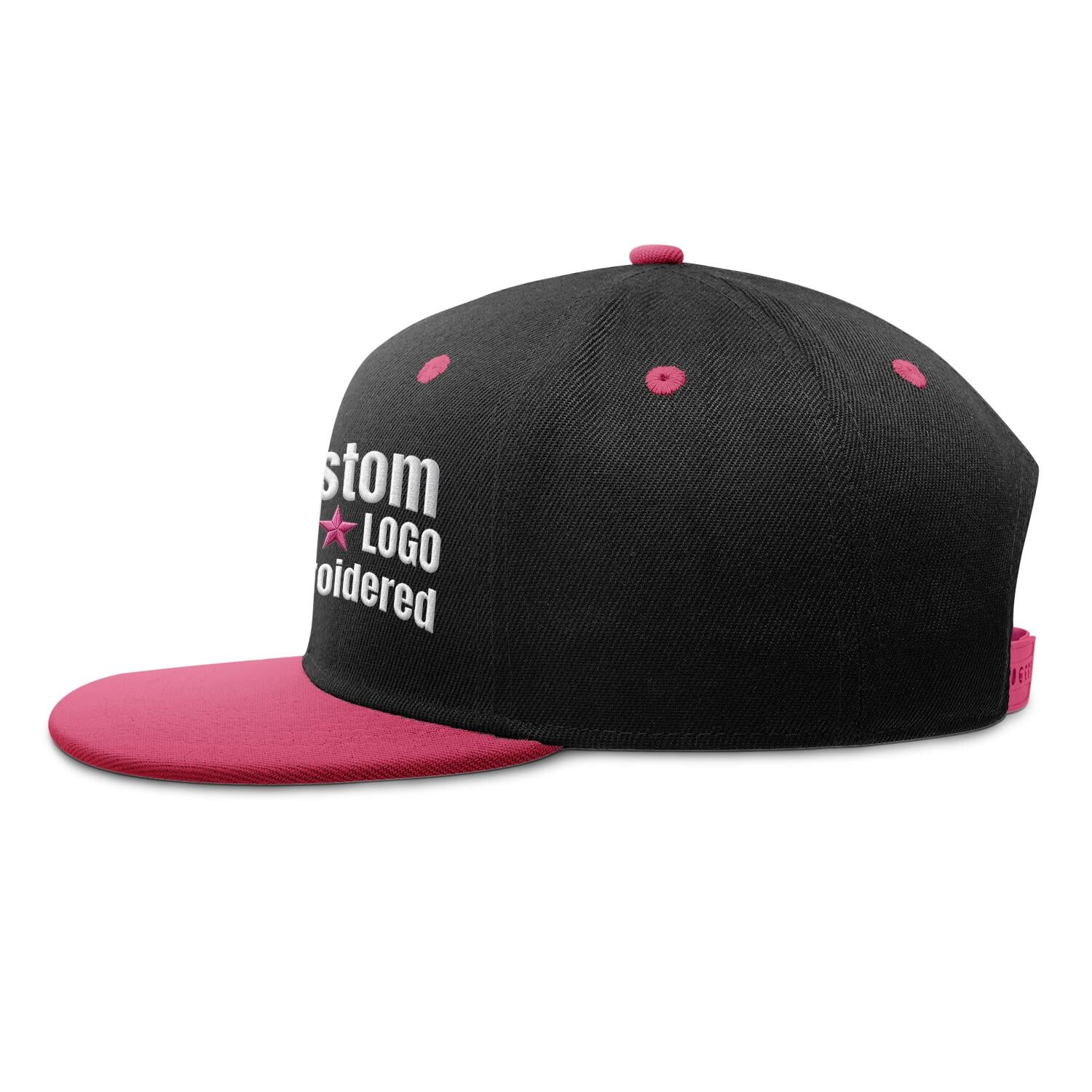 Custom Embroidered or Printed Black & Fuchsia Color-Block Flat Brim Cap