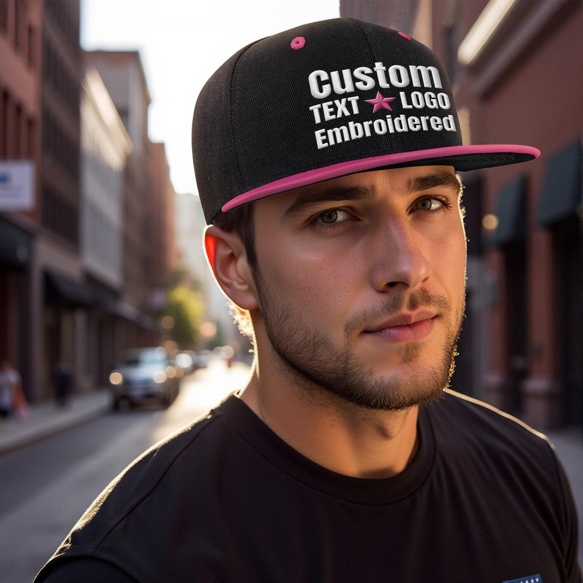 Custom Embroidered or Printed Black & Fuchsia Color-Block Flat Brim Cap