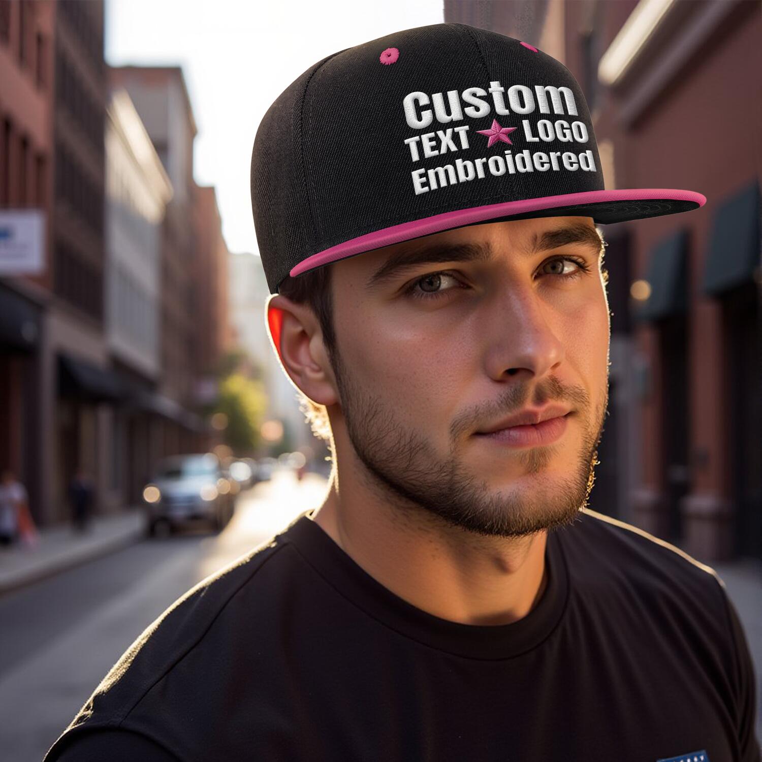 Custom Embroidered or Printed Black & Fuchsia Color-Block Flat Brim Cap