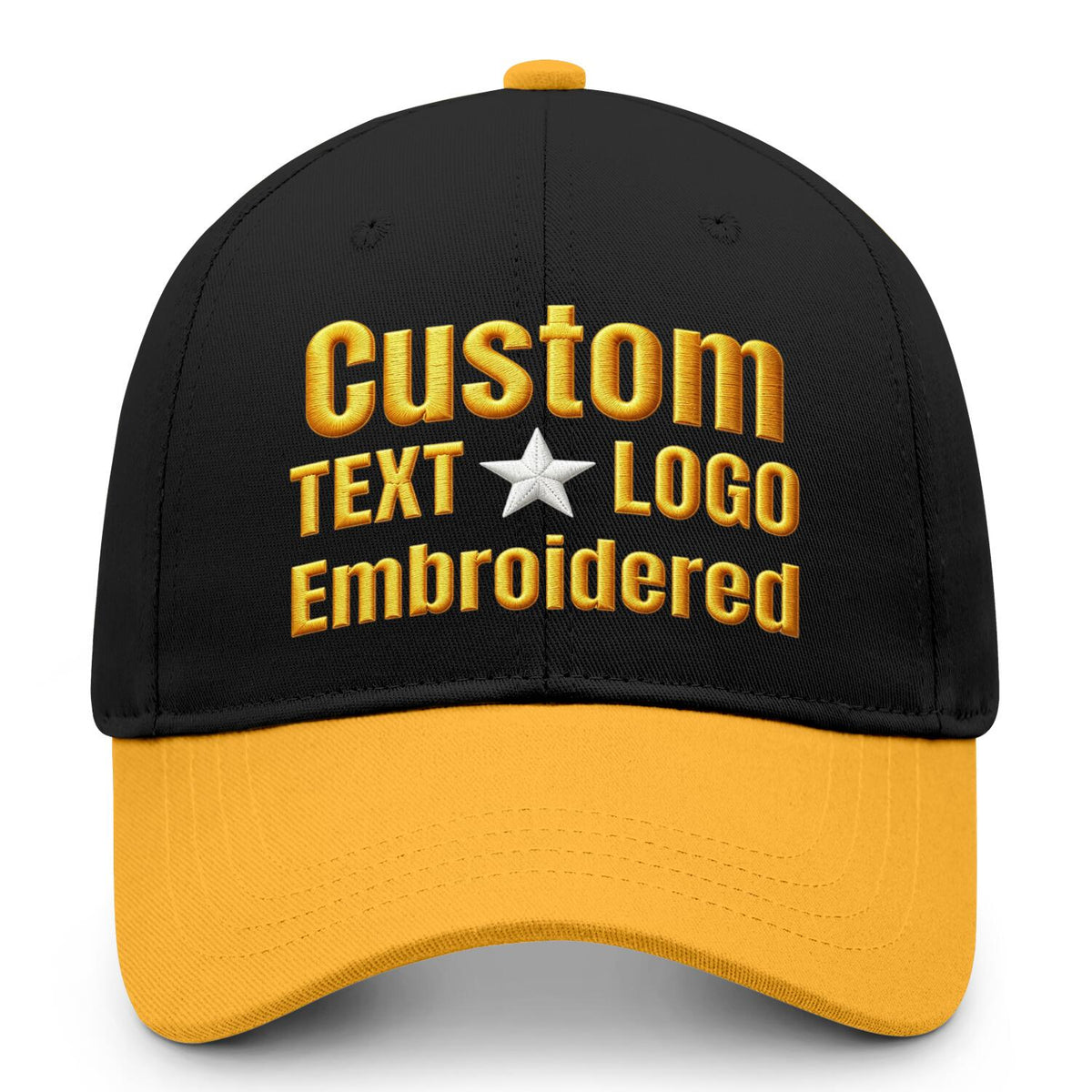 Custom embroidered or printed black &amp; gold color block baseball cap by Vosoli | Personalized text &amp; logo | Structured fit