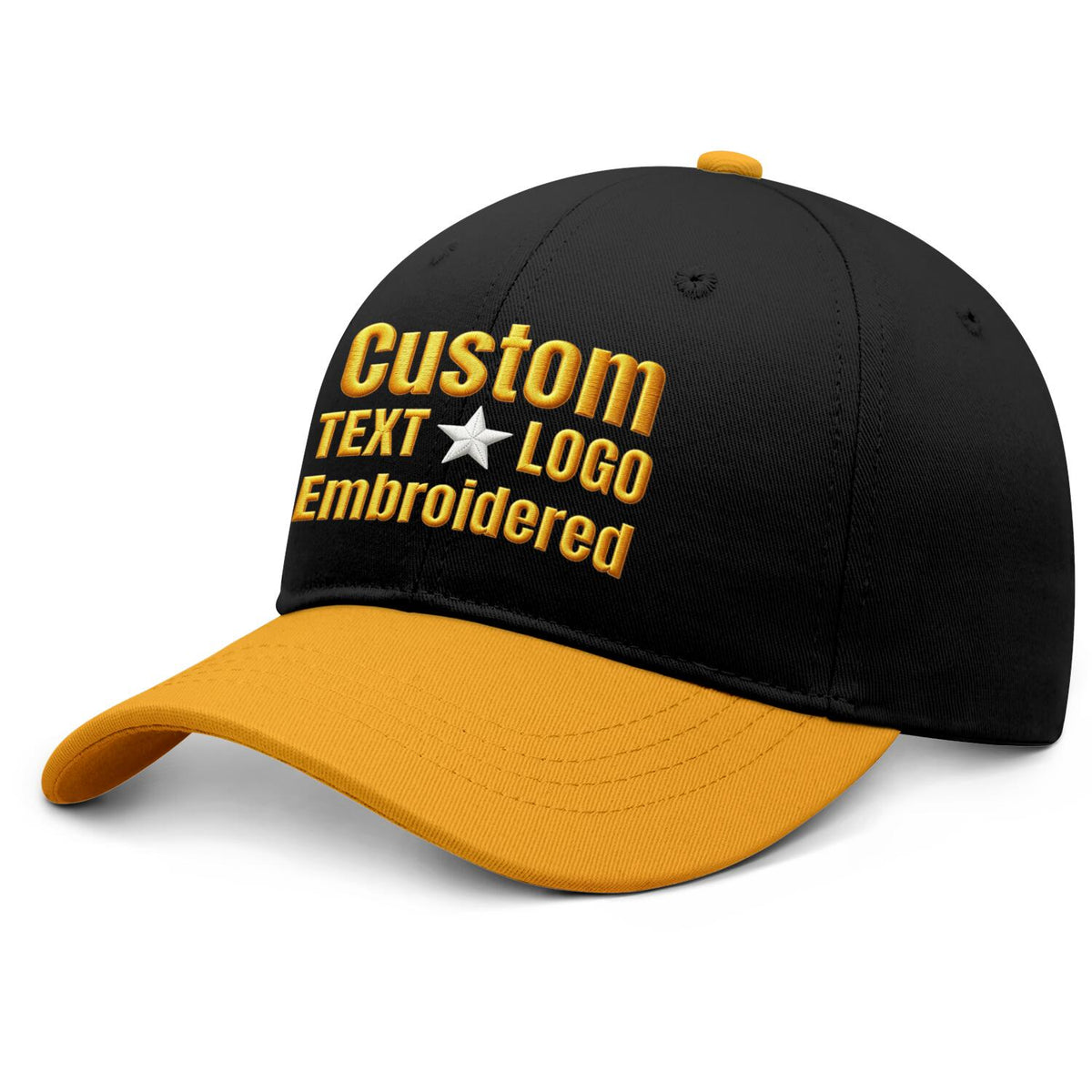 Custom Embroidered or Printed Black & Gold Color Block Baseball Cap | Personalized Sport Hat