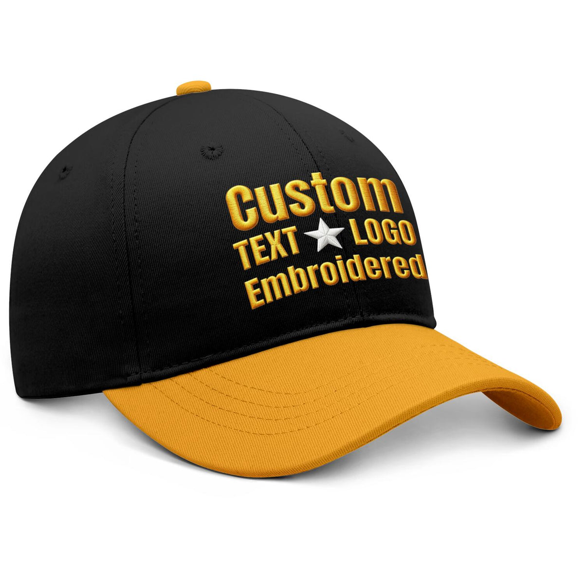 Custom Embroidered or Printed Black & Gold Color Block Baseball Cap | Personalized Sport Hat