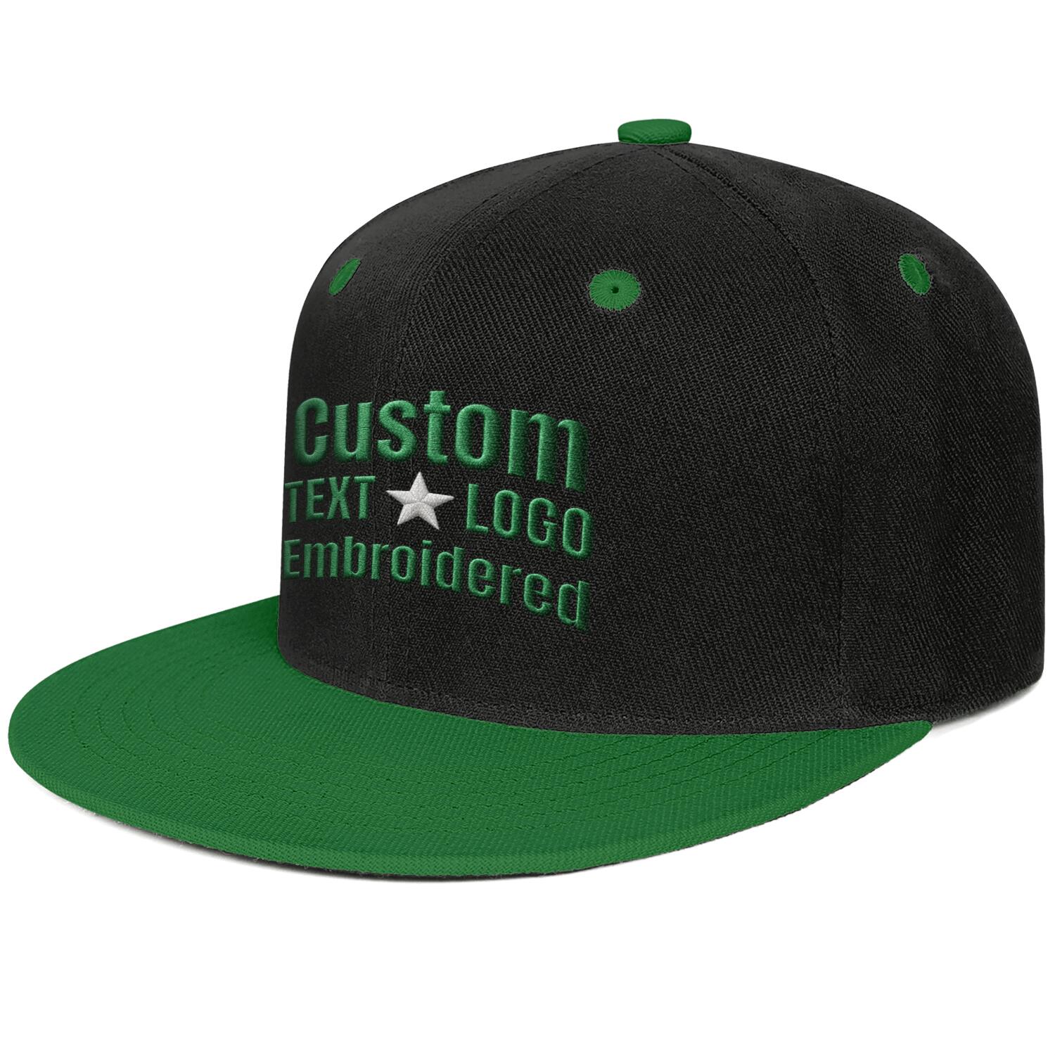 Custom embroidered or printed black &  green color-block flat-brim cap by Vosoli | Personalized text & logo | Structured fit
