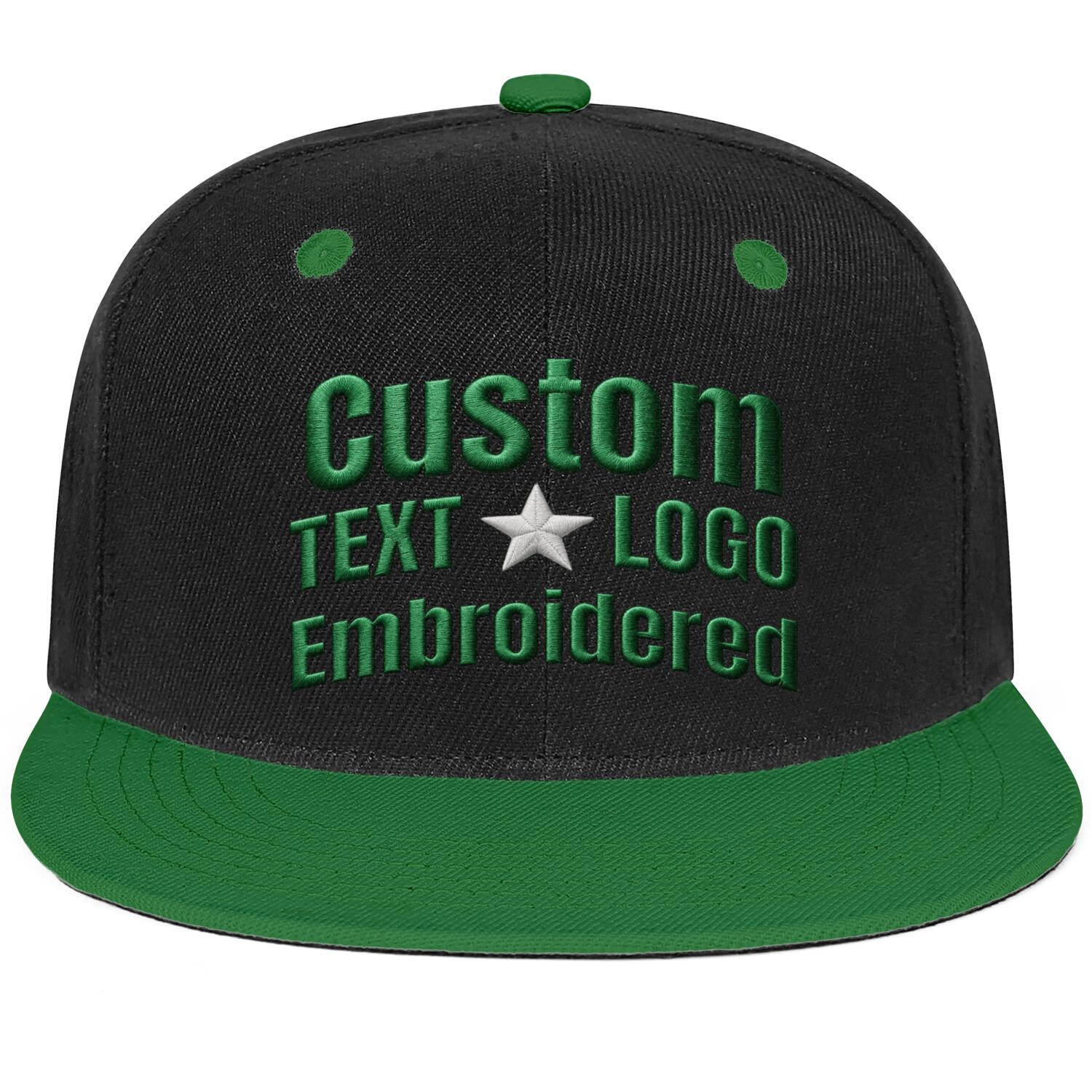 Custom embroidered or printed black &  green color-block flat-brim cap by Vosoli | Personalized text & logo | Structured fit