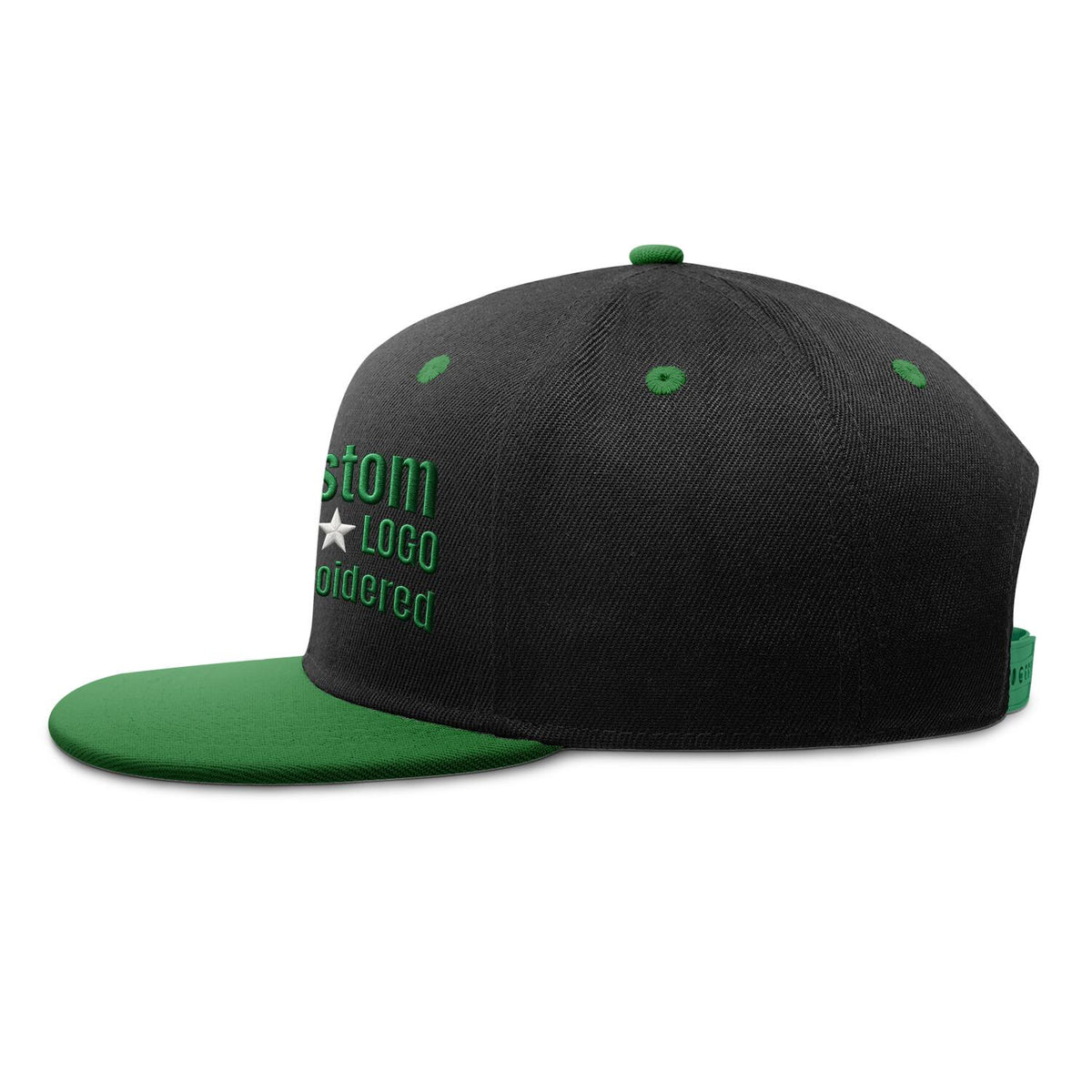 Custom Embroidered or Printed Black & Green Color-Block Flat-Brim Cap