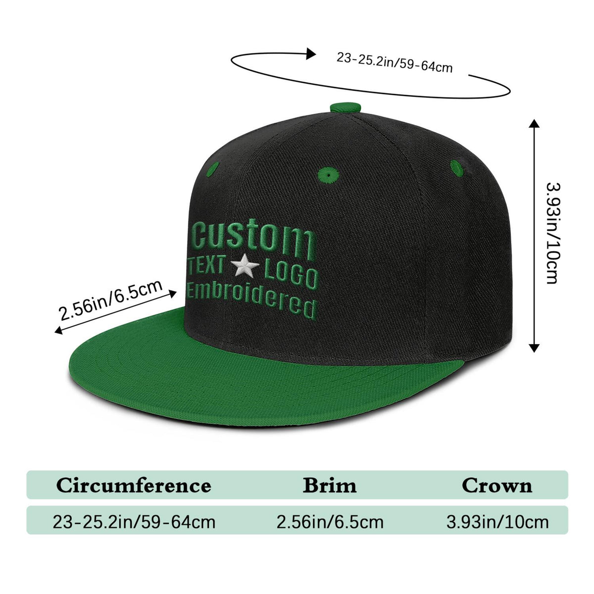 Custom Embroidered or Printed Black & Green Color-Block Flat-Brim Cap
