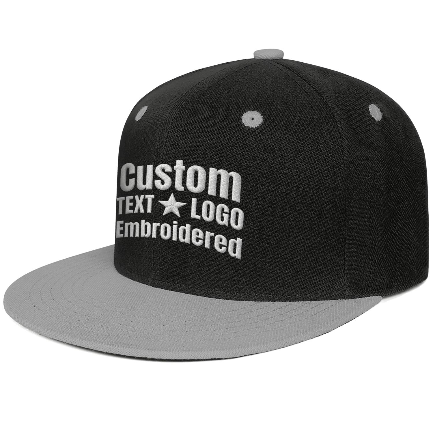 Custom embroidered or printed black & light grey color-block flat-brim cap by Vosoli | Personalized text & logo | Structured fit