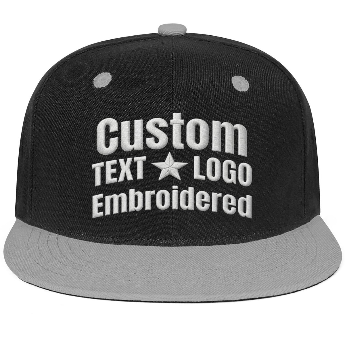 Custom Embroidered or Printed Black & Light Grey Color-Block Flat-Brim Cap