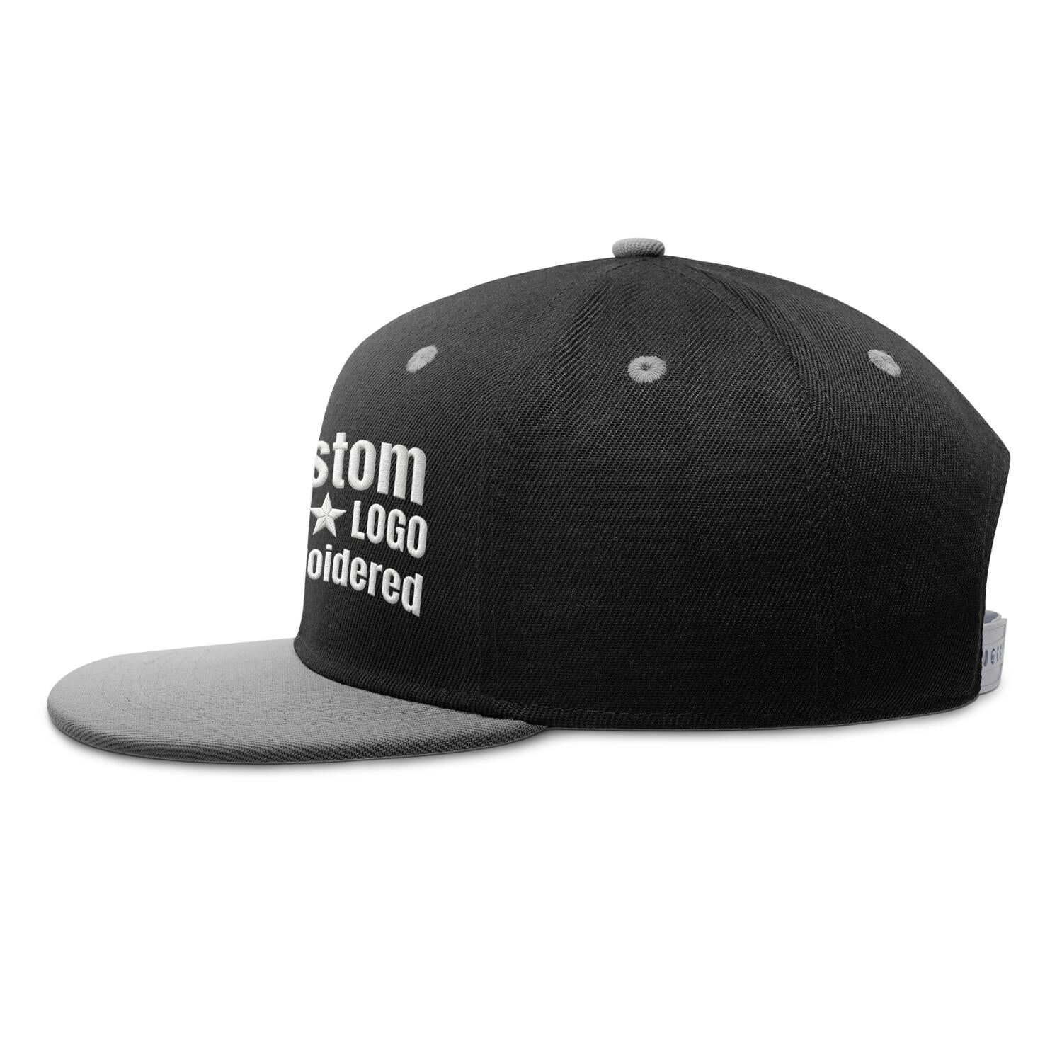 Custom Embroidered or Printed Black & Light Grey Color-Block Flat-Brim Cap