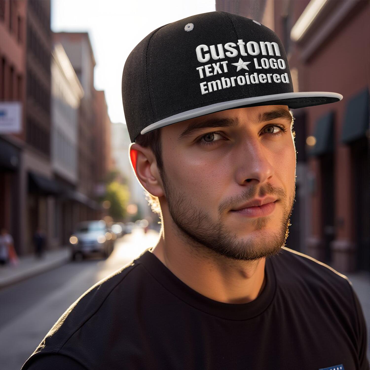 Custom Embroidered or Printed Black & Light Grey Color-Block Flat-Brim Cap
