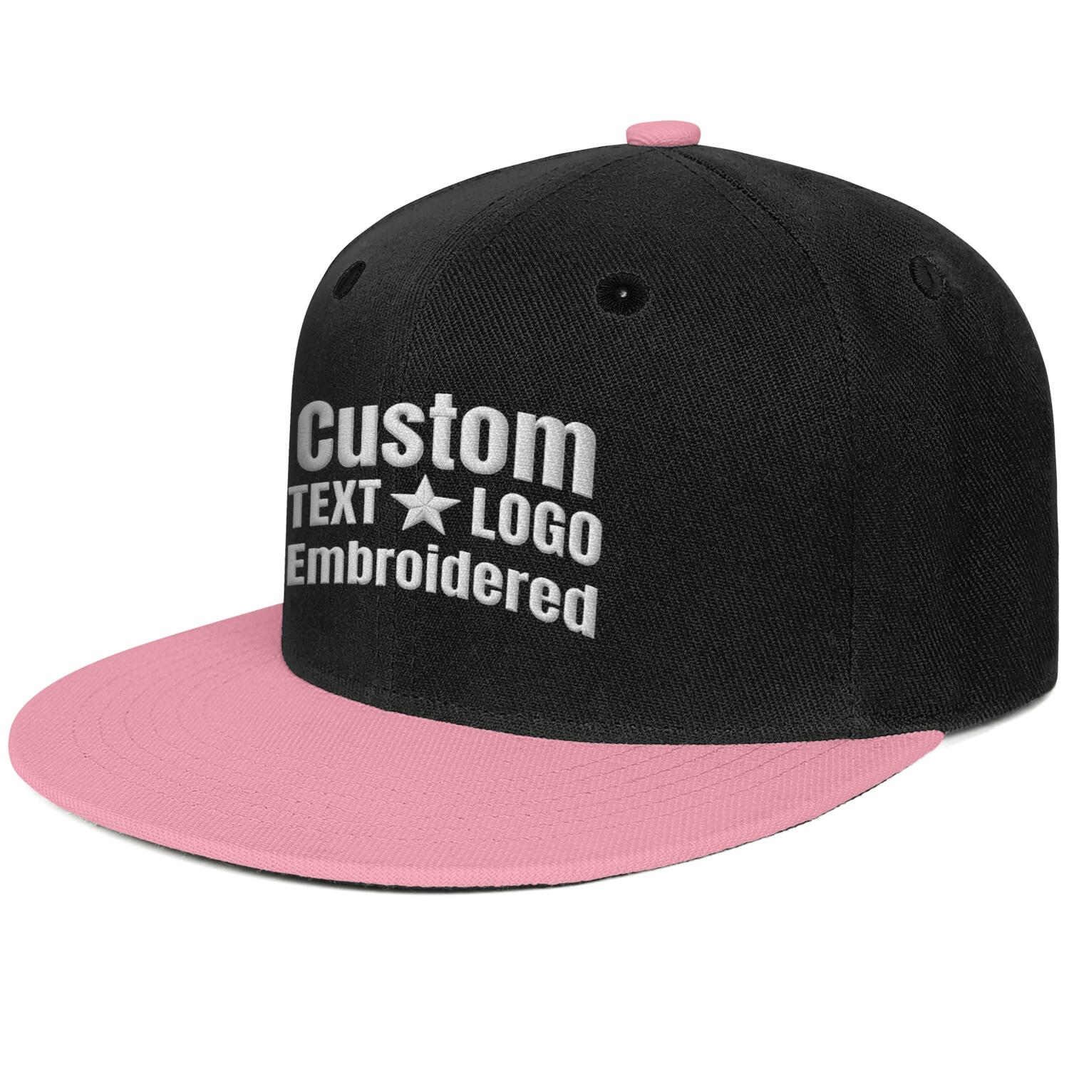 Custom embroidered or printed black & light pink color-block flat-brim cap by Vosoli | Personalized text & logo | Structured fit