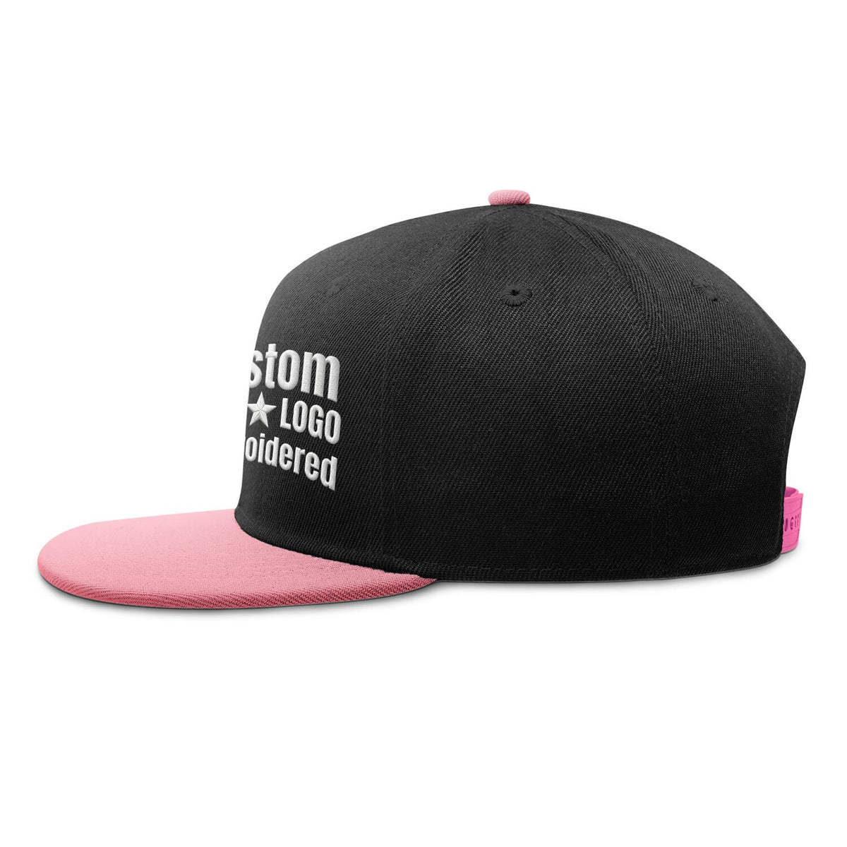 Custom Embroidered or Printed Black & Light Pink Color-Block Flat-Brim Cap