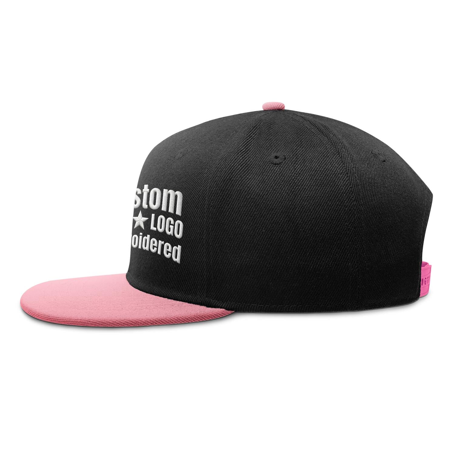 Custom Embroidered or Printed Black & Light Pink Color-Block Flat-Brim Cap