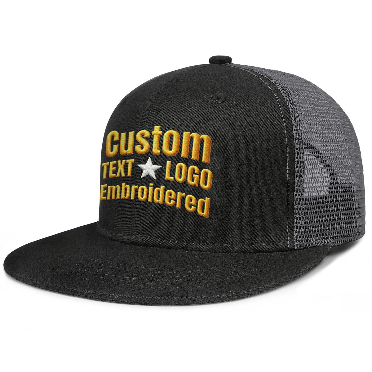 Custom embroidered or printed black mesh flat-brim cap by Vosoli | Personalized text &amp; logo | Breathable structured fit